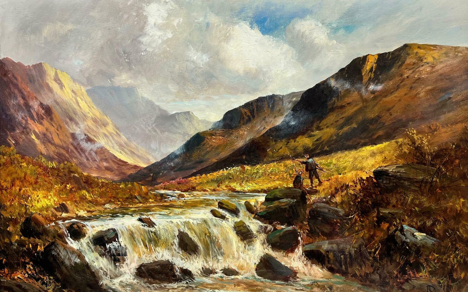 F. E. Jamiesonfine Antique Scottish Oil Painting Angler In Highland River Landscape, Signed