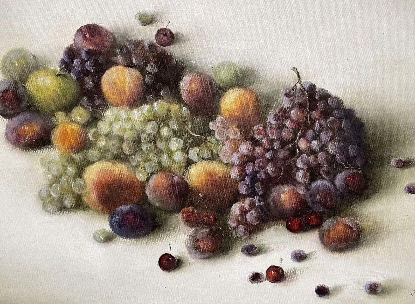 J. Lewinlarge Signed Oil Still Life Fruit   Opulent Display Grapes Peaches Cherriesc. 1980's photo Art
