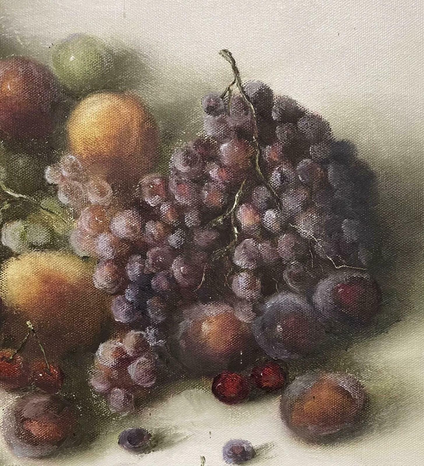 J. Lewinlarge Signed Oil Still Life Fruit   Opulent Display Grapes Peaches Cherriesc. 1980's photo vinterior