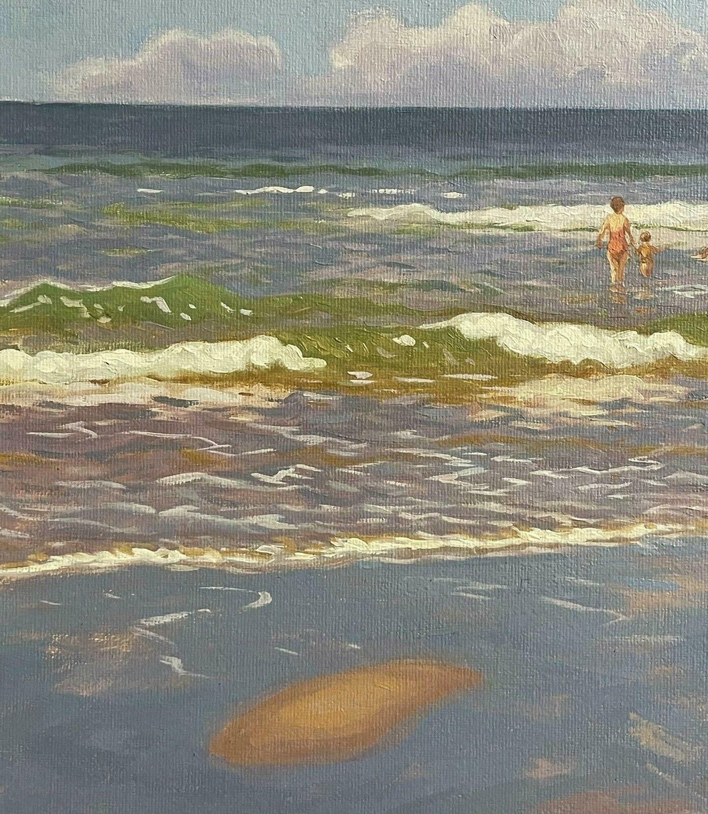 M. Clarkfine Modern British Signed Oil Painting   Children Playing In Surf On Beachcontemporary photo for sale