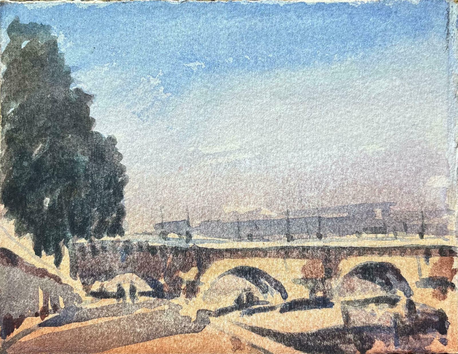 Maurice Mazeiliefrench Impressionist Watercolor Of Pont Neuf With Sunlit Riverbank20th Century
