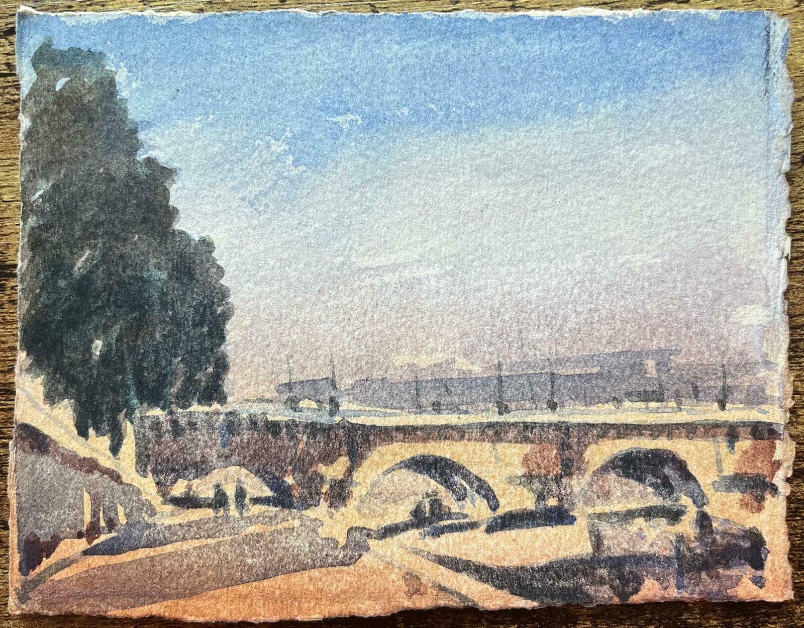 Maurice Mazeiliefrench Impressionist Watercolor Of Pont Neuf With Sunlit Riverbank20th Century photo furniture