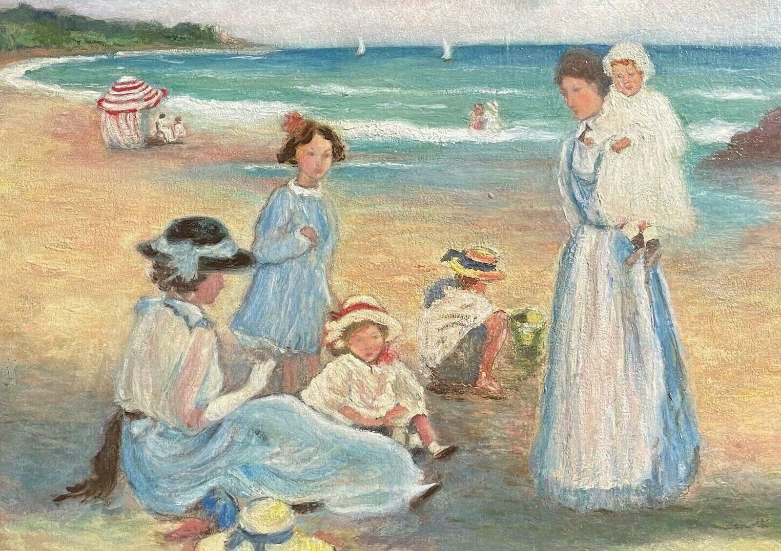 Unknownfine French Signed Oil   Elegant Family Enjoying Day On The Beach   Gilt Framedc. 1950's photo furniture