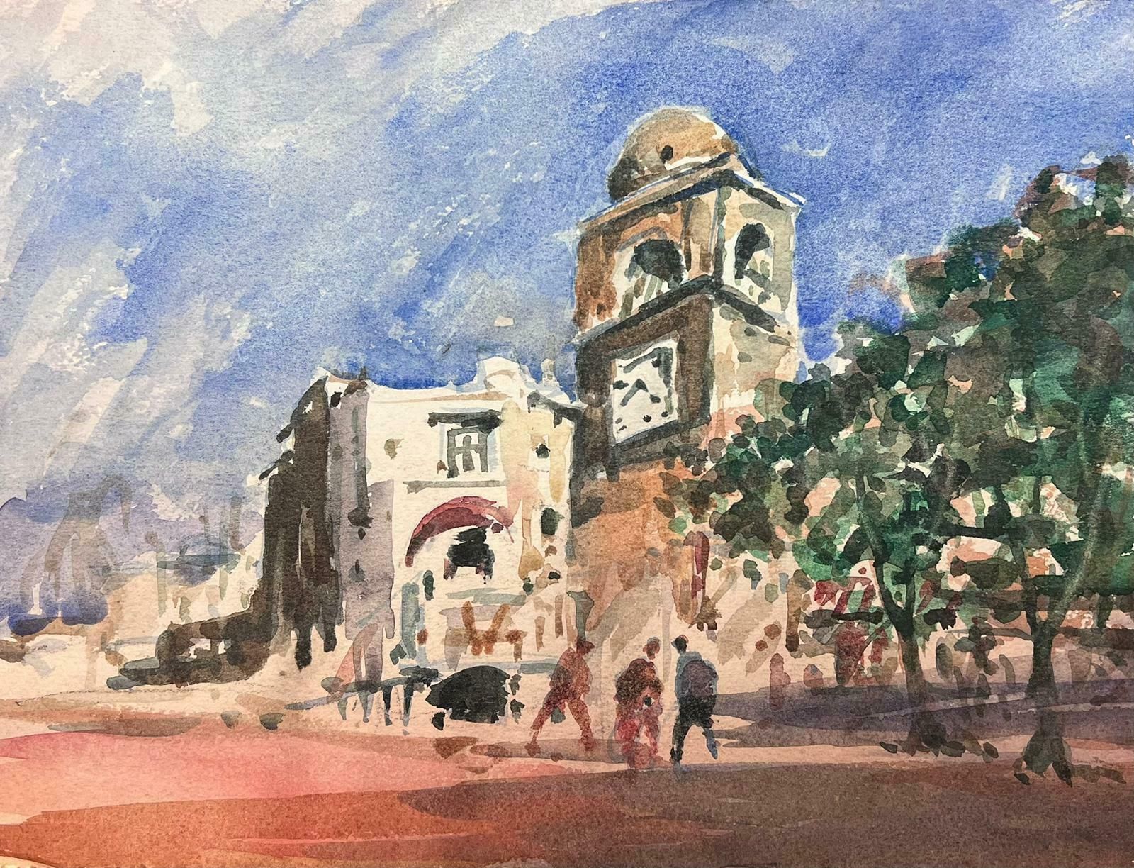 Maurice Mazeiliefrench Watercolour Landscape Clock Tower In A Quiet French Town