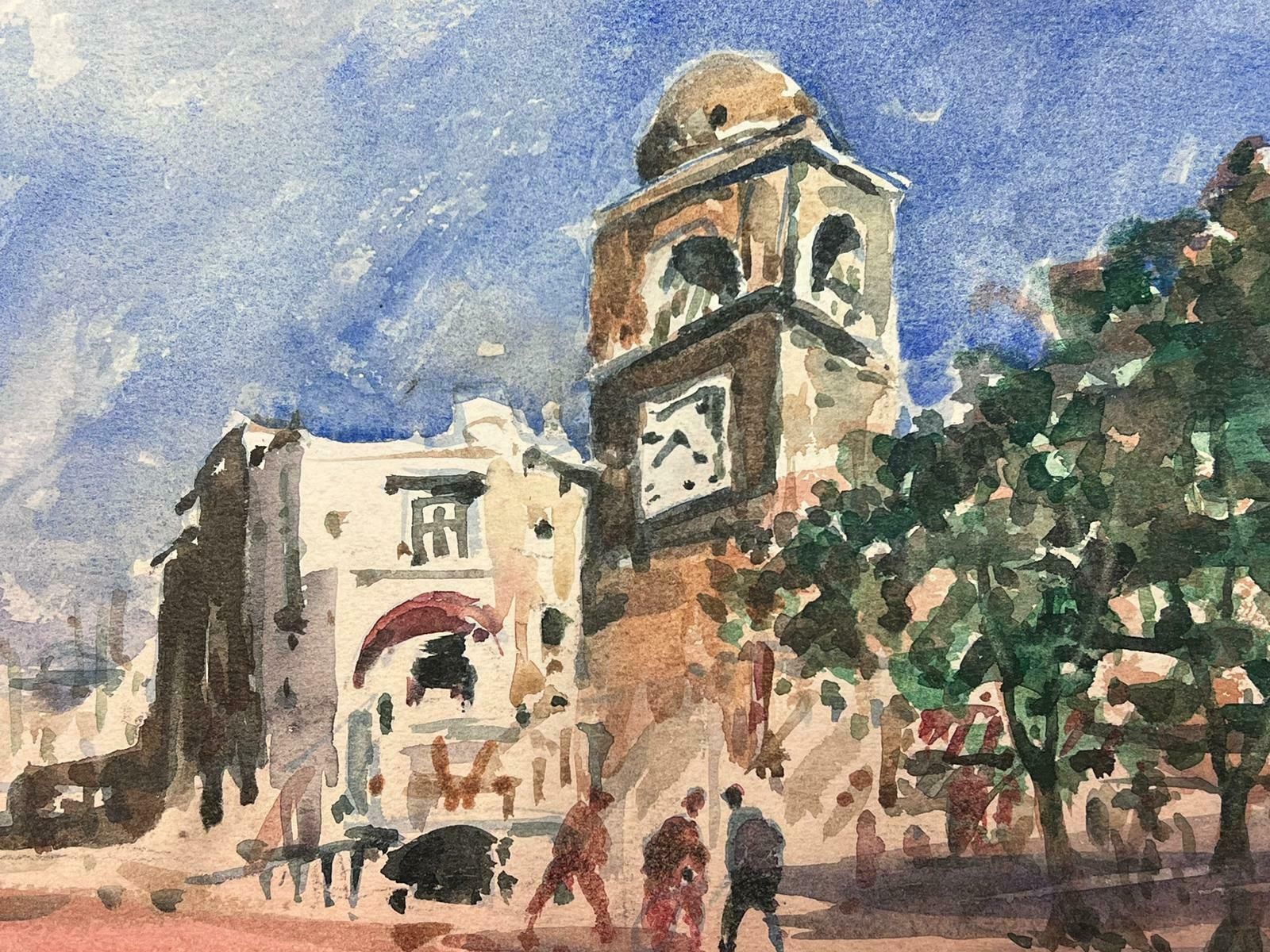 Maurice Mazeiliefrench Watercolour Landscape Clock Tower In A Quiet French Town photo for sale