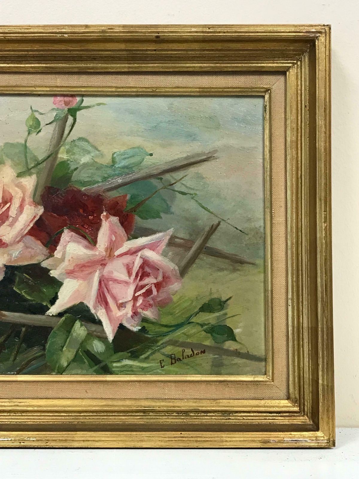 French Schoolvintage French Signed Oil C. 1930's Pink & Red Roses In A Natural Settingc. 1930's photo for sale