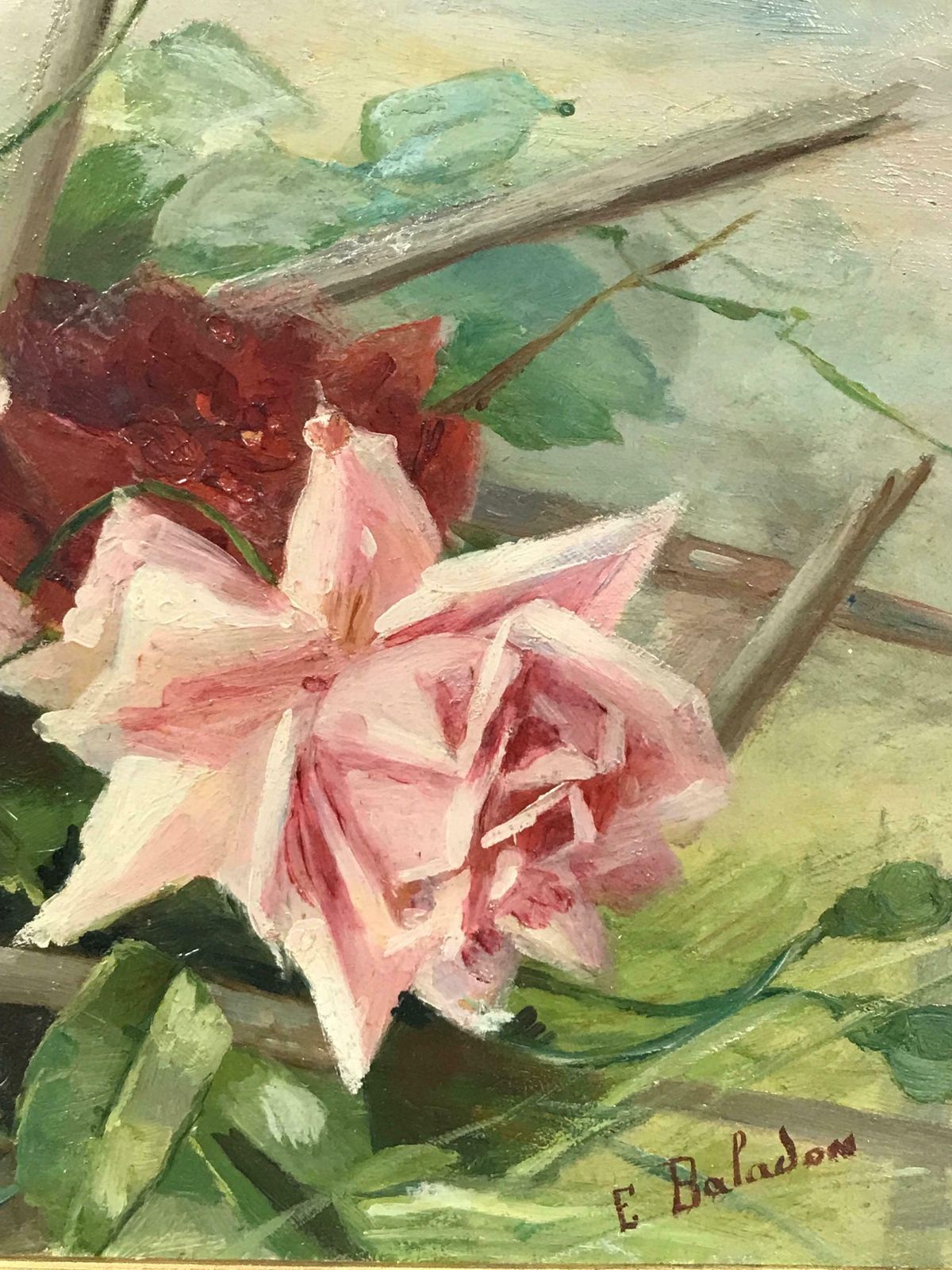 French Schoolvintage French Signed Oil C. 1930's Pink & Red Roses In A Natural Settingc. 1930's photo 816.0
