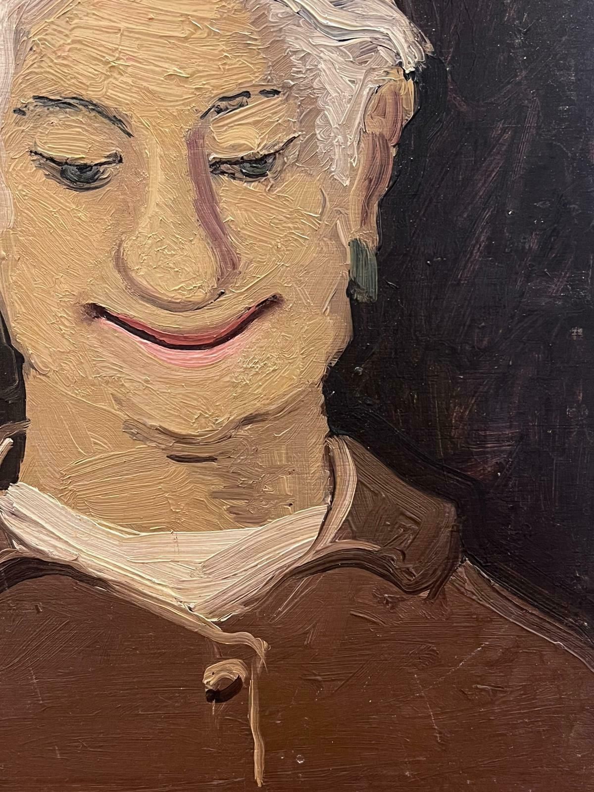 French School1960's French Modernist Oil Portrait Of Elderly Lady Smiling photo for sale