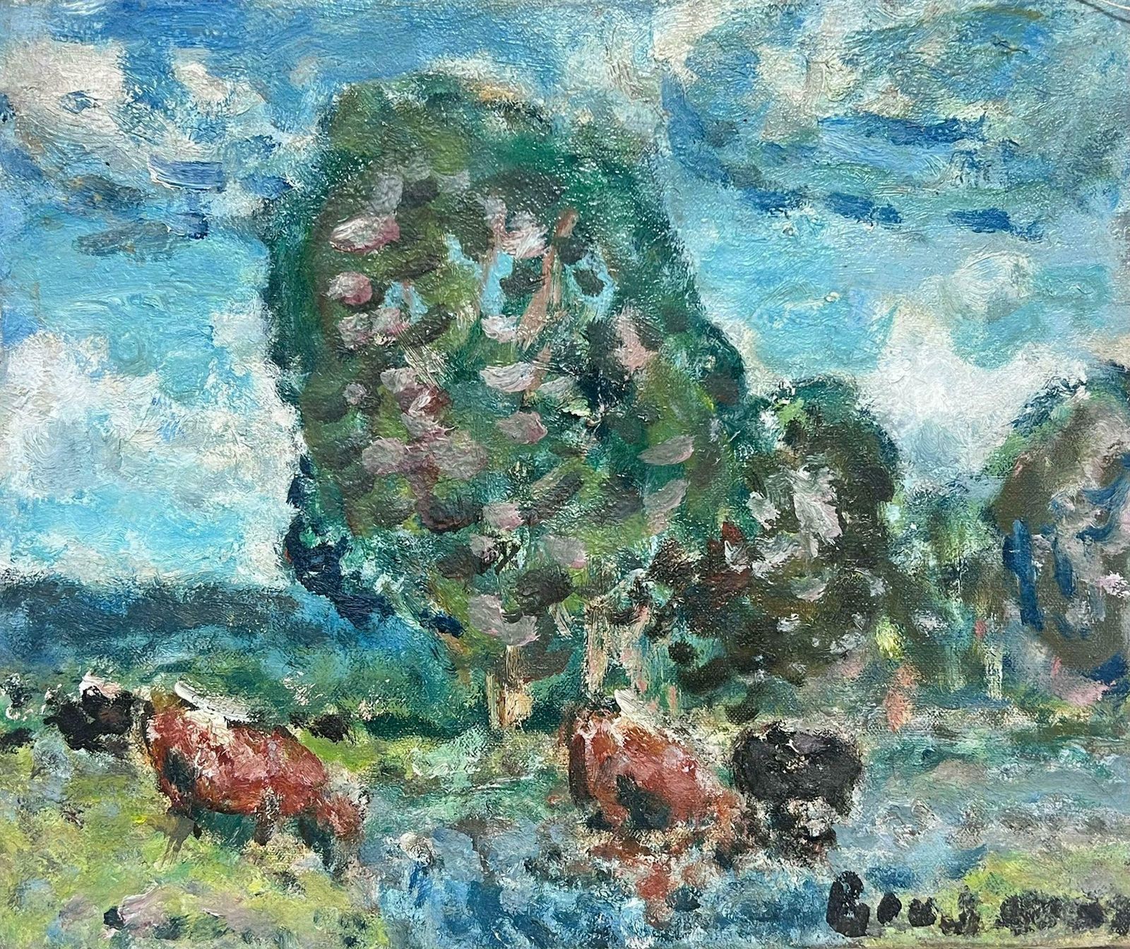 Georges Bousquaitmid 20th Century French Post Impressionist Cows Drinking In The River Landscape