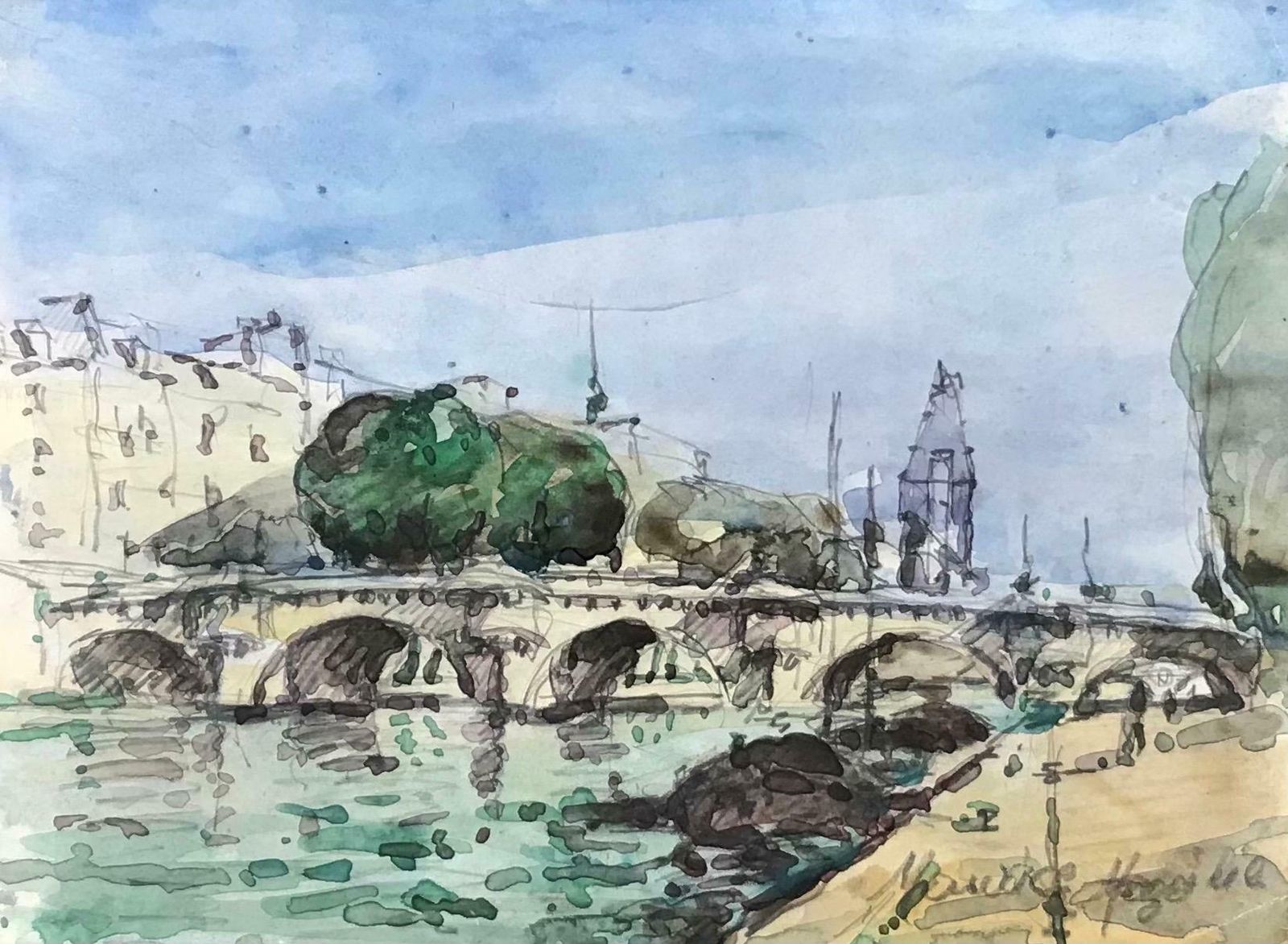Maurice Mazeiliemaurice Mazeilie French Impressionist Watercolour   Paris Bridge Landscape