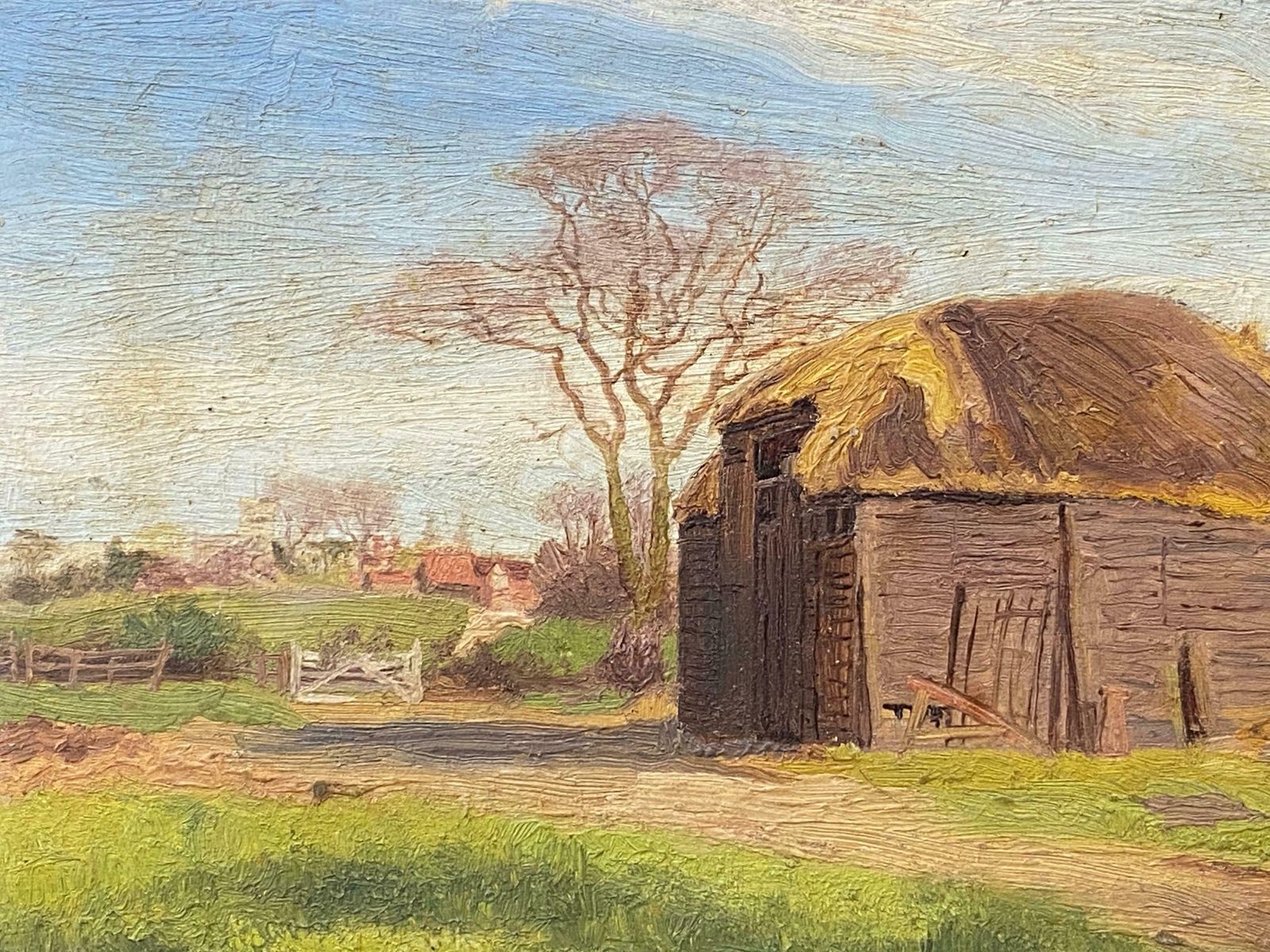 French Impressionistimpressionist Antique Painting   Thatched Farm Barn In Hendon England photo for sale