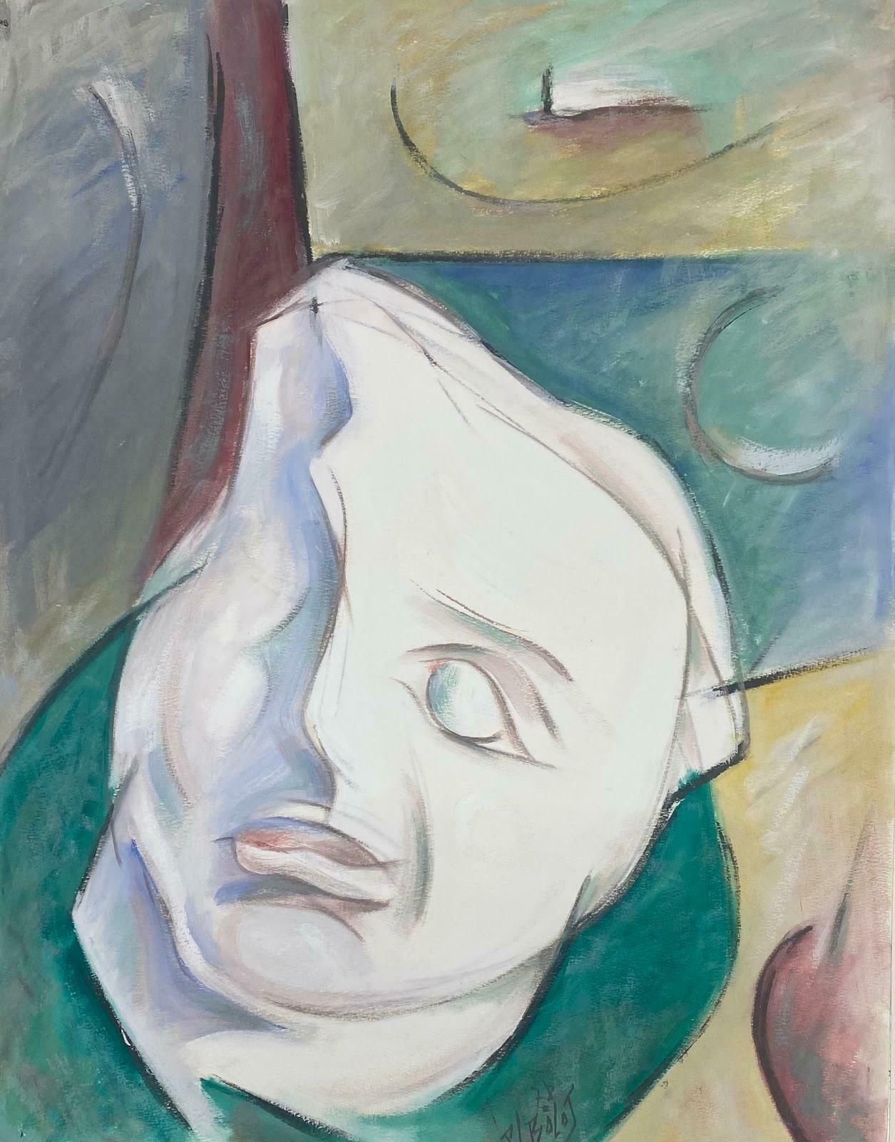 Unknown20th Century French Modernist Gouache Painting White Half Visage Character 1978