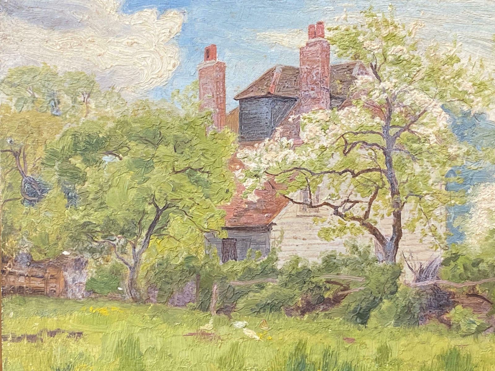 French Impressionist Impressionist Antique Painting   Grand British House Through The Trees photo for sale