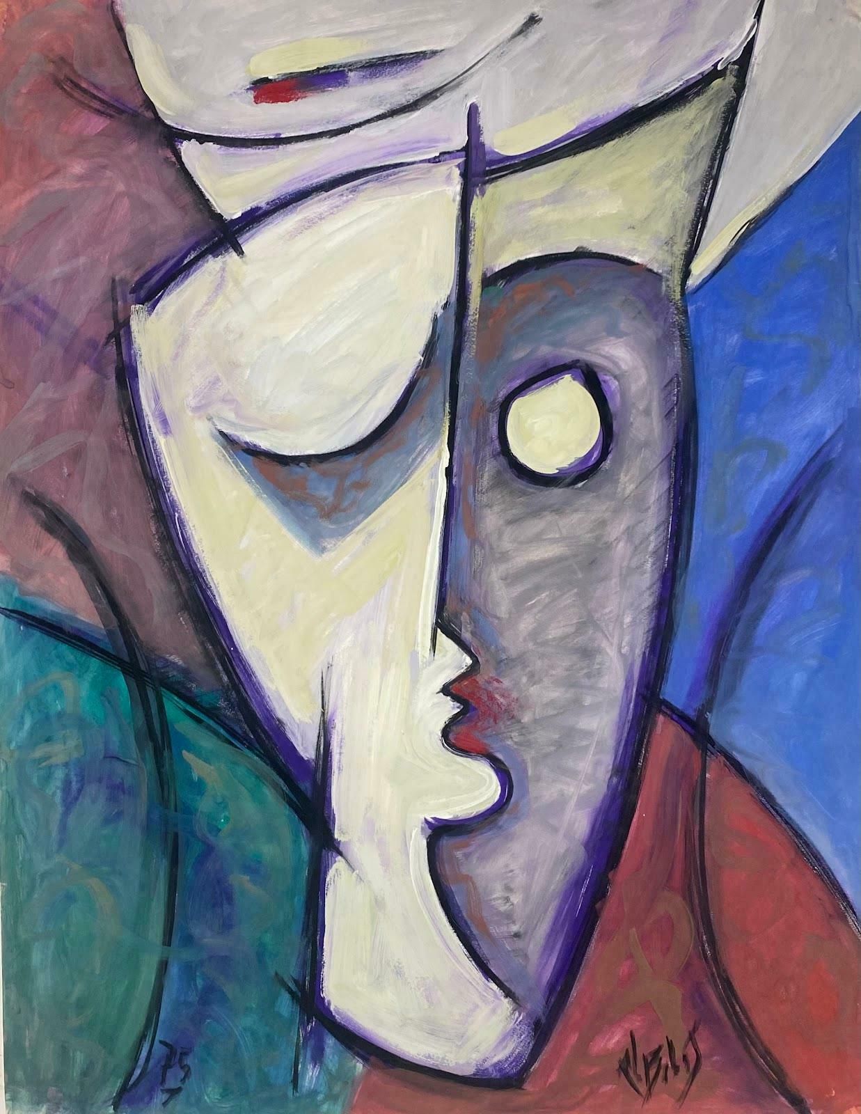 Unknown20th Century French Modernist Gouache Painting Black And White Distorted Faces 1971 photo furniture