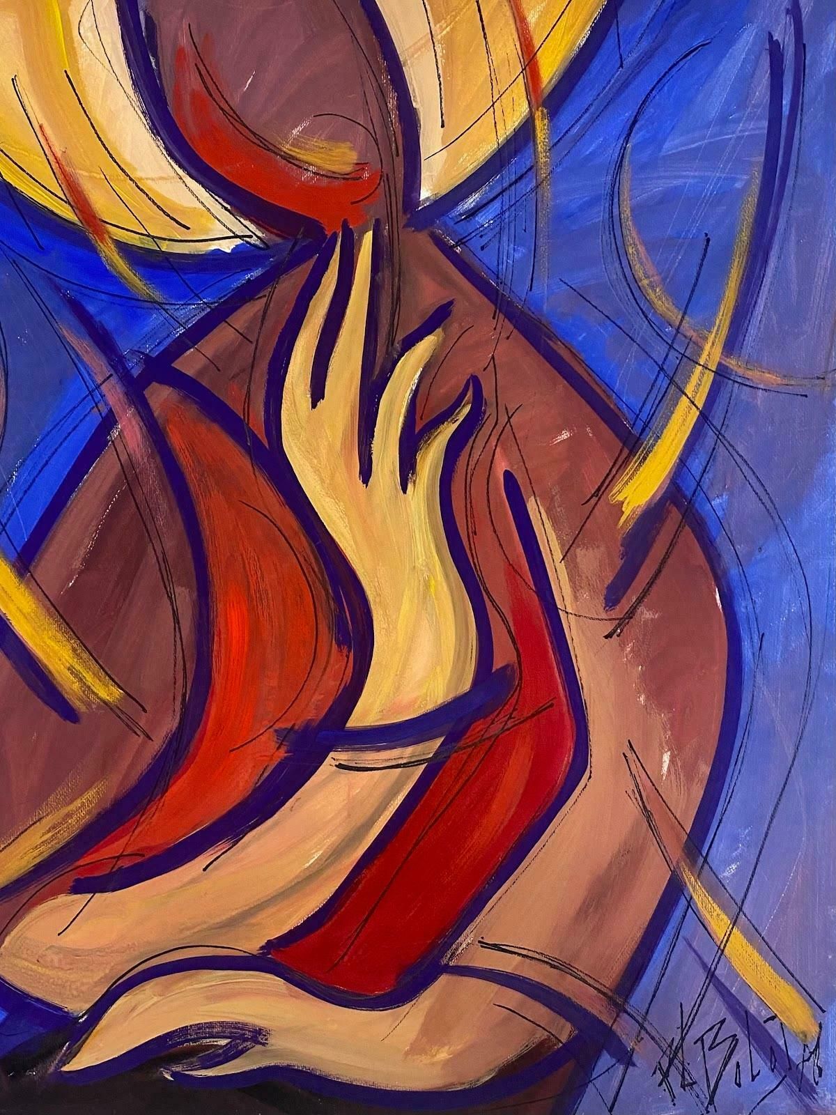 Unknown20th Century French Modernist Gouache Painting Distorted Figure With Yellow Hand1970 photo furniture