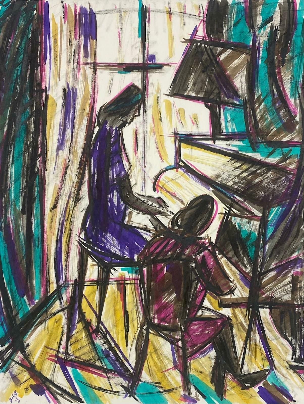 Unknown20th Century French Modernist Gouache Painting Pink And Purple Women Playing1968 photo furniture