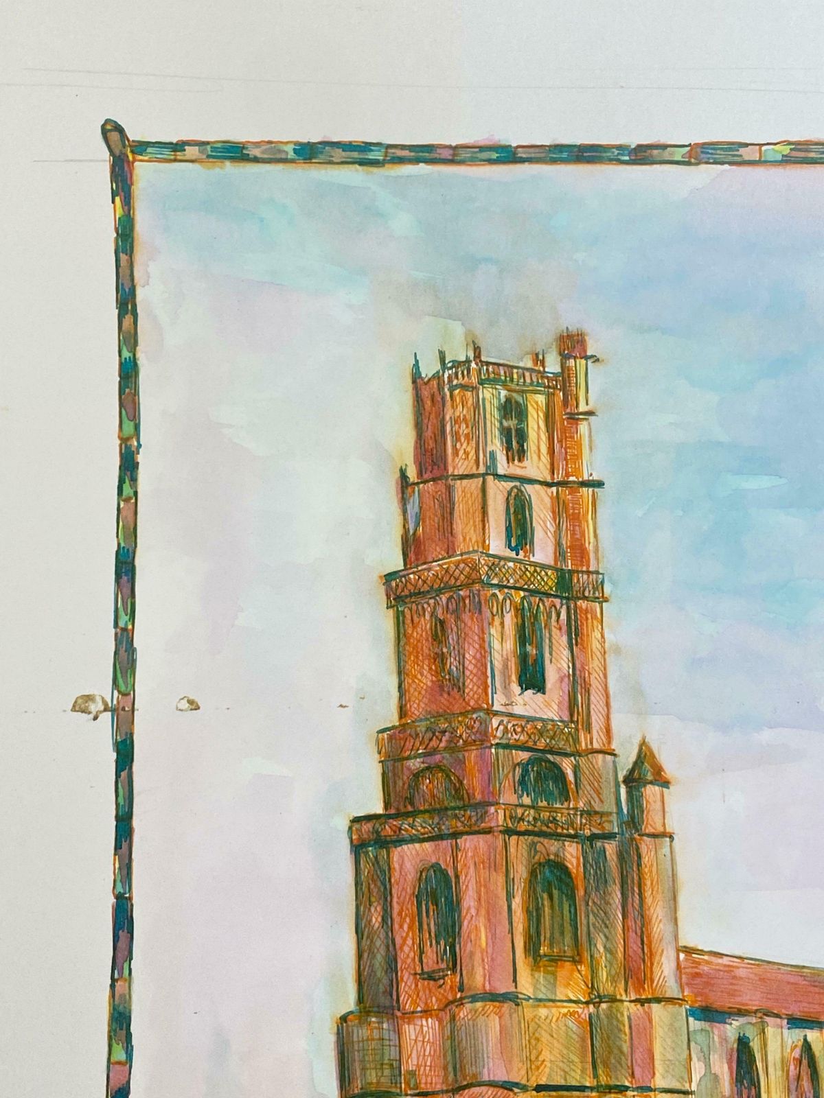 Bernard Labbe1950's Modernist/ Cubist Painting  Orange & Pink French Cathedral Landscape1950's photo 816.0