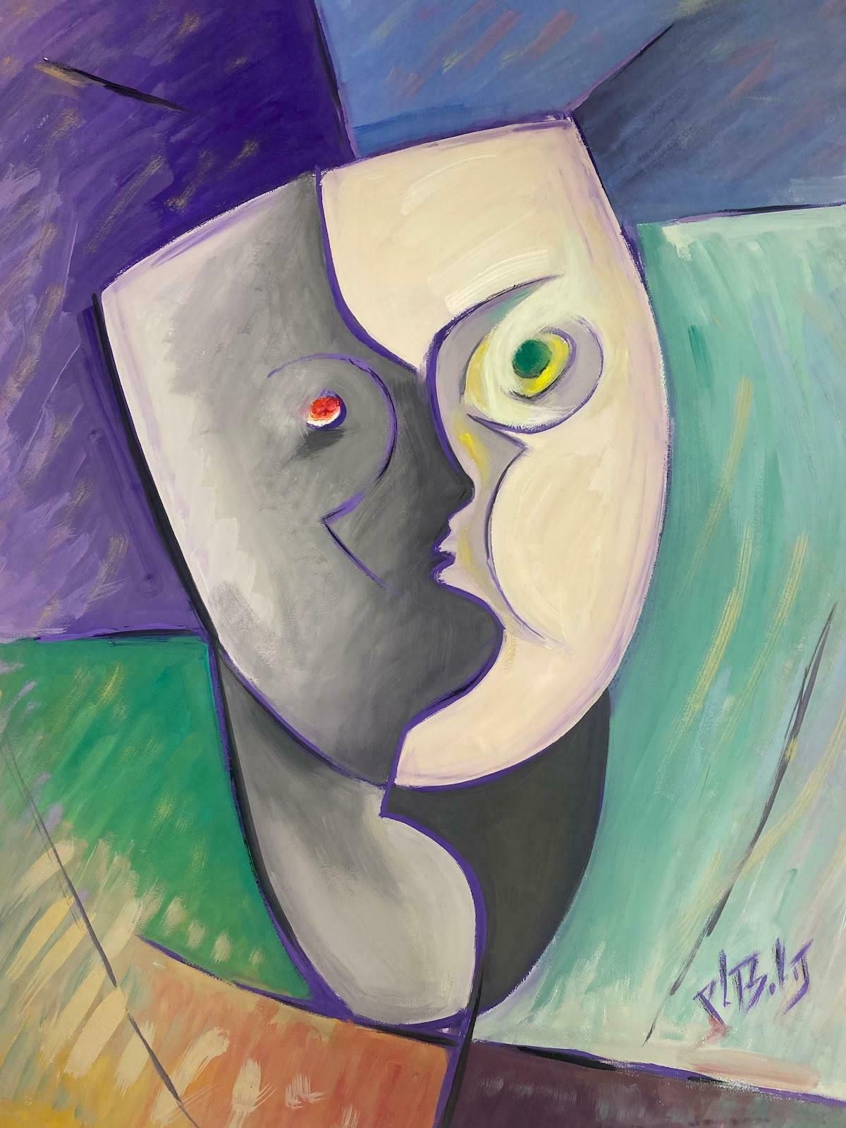 Paul Louis Bolot (French 1918 2003)1970's French Modernist Gouache Painting Two Contrasting Face Masques1975 photo furniture