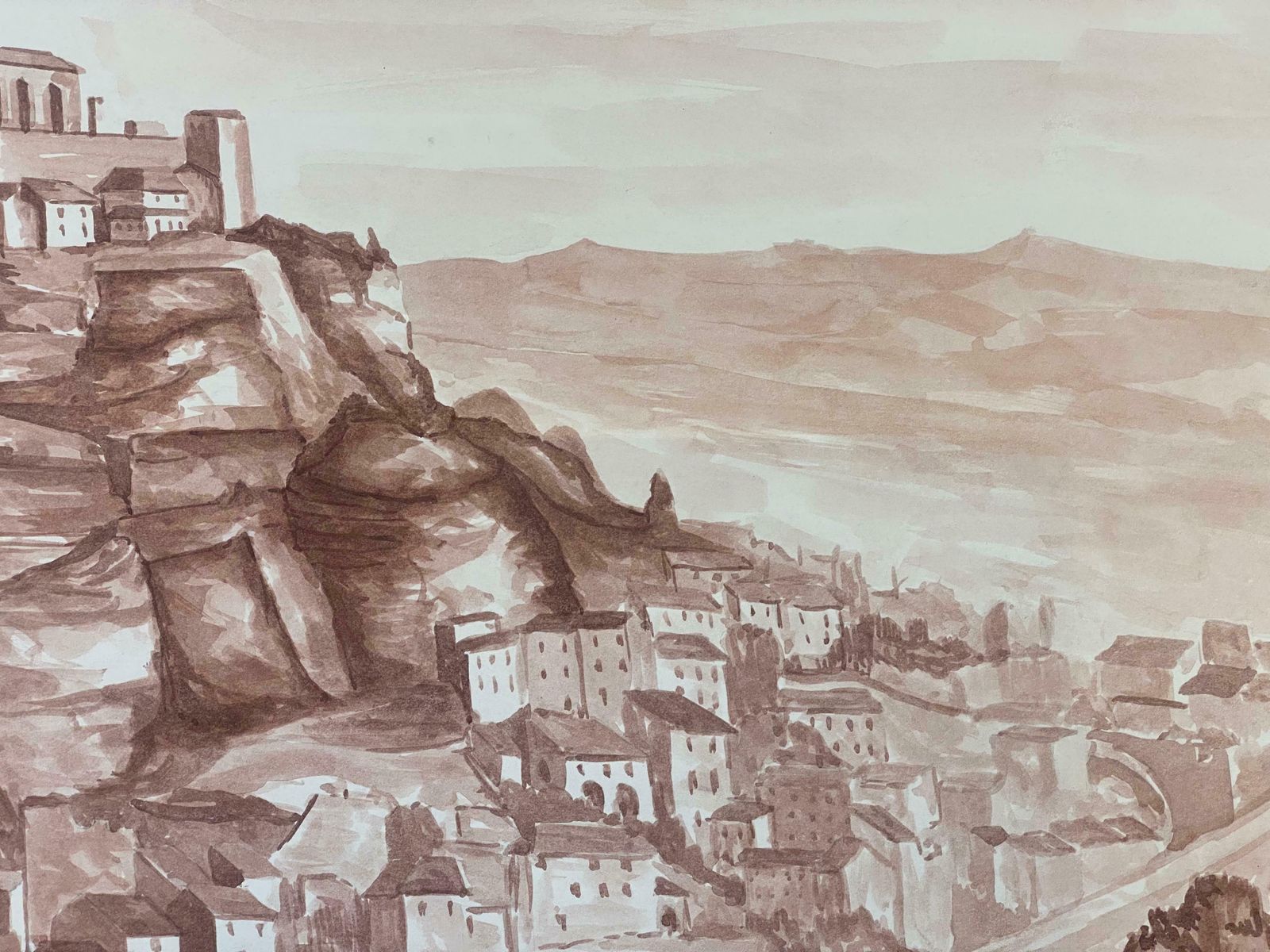 Bernard Labbe1950's French Modernist/ Cubist Painting   Sepia Provence Landscape1950's photo furniture