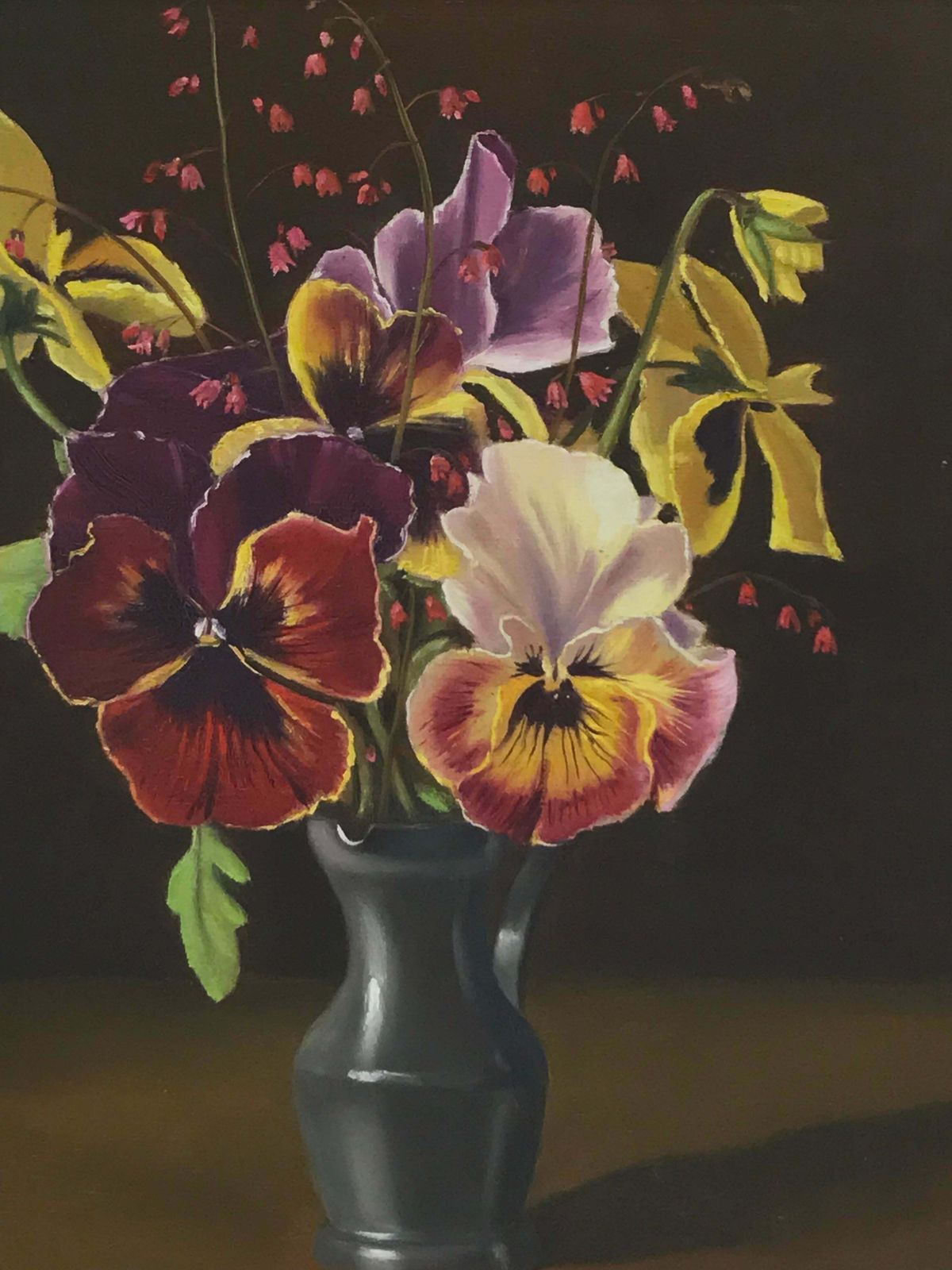 Italian Schoolsigned Italian Oil Painting Realist Flowers In Pewter Vase, Peonies