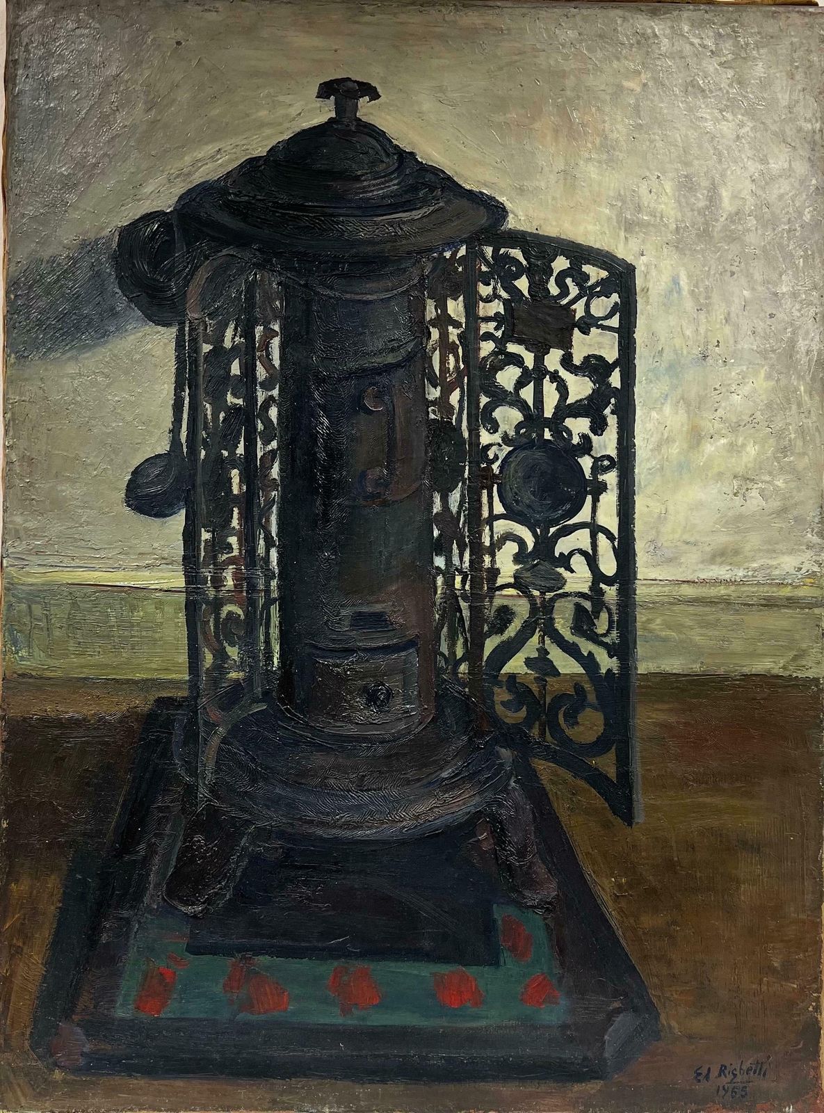édouard Righetti (1924 2001)1960s French Interior Still Life   The Kitchen Stove Fire Warmer   Superb Work1960's photo furniture