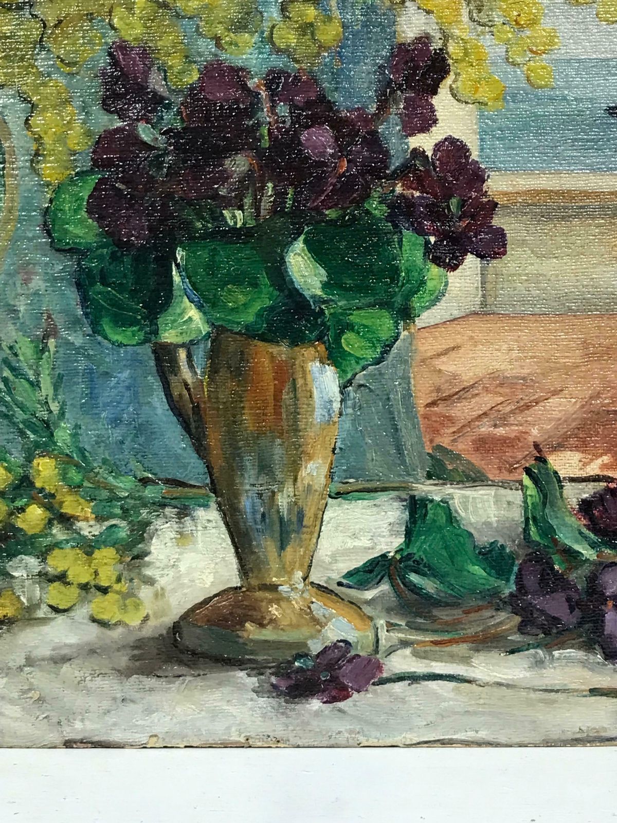 Monique Le Bretmid 20th Century French Oil   Balcony Over The Sea, Still Life With Flowers photo Art