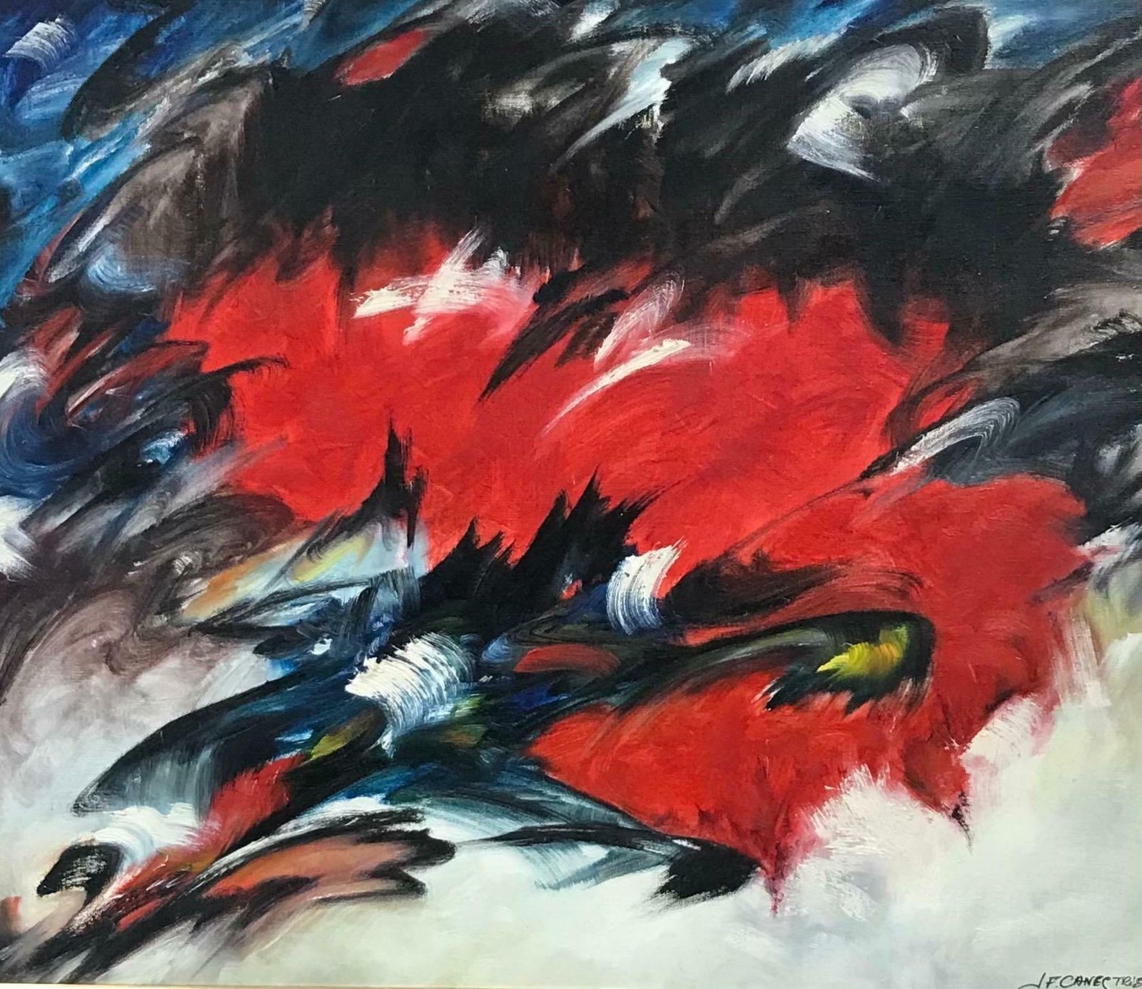 20th Century French Schoolimpressive & Large 20th Century French Abstract Signed Painting    Red & Black