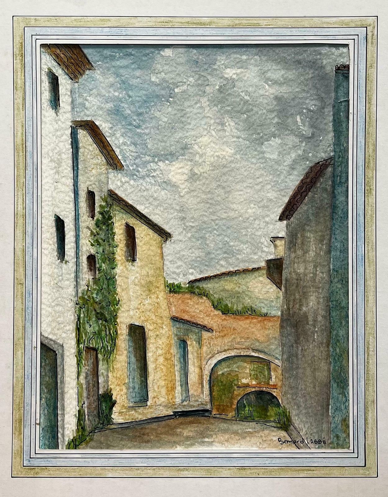 Bernard Labbe1950's Modernist/ Cubist Painting   Blues And Green French Landscape1950's