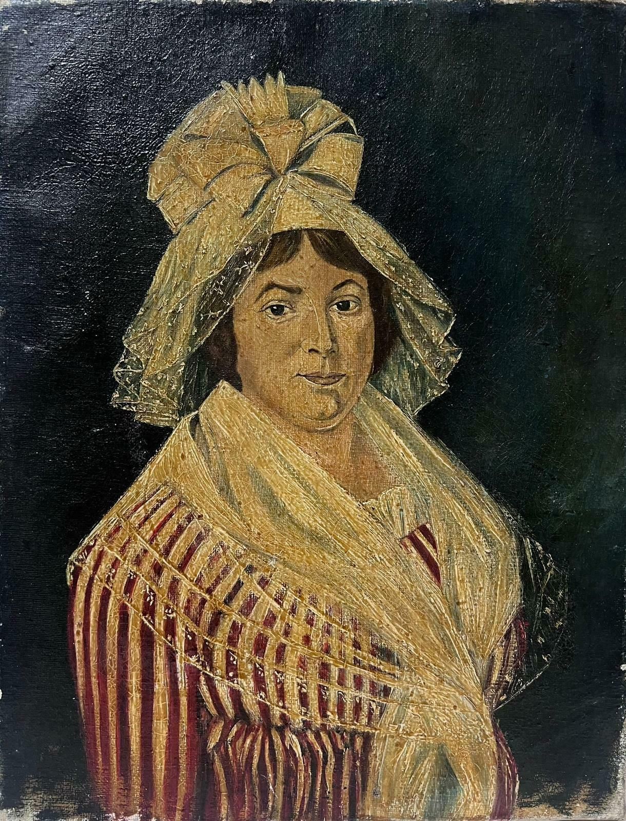 French Schoolantique French Portrait Of A Country Lady In Large Dress & Hat Oil On Canvas