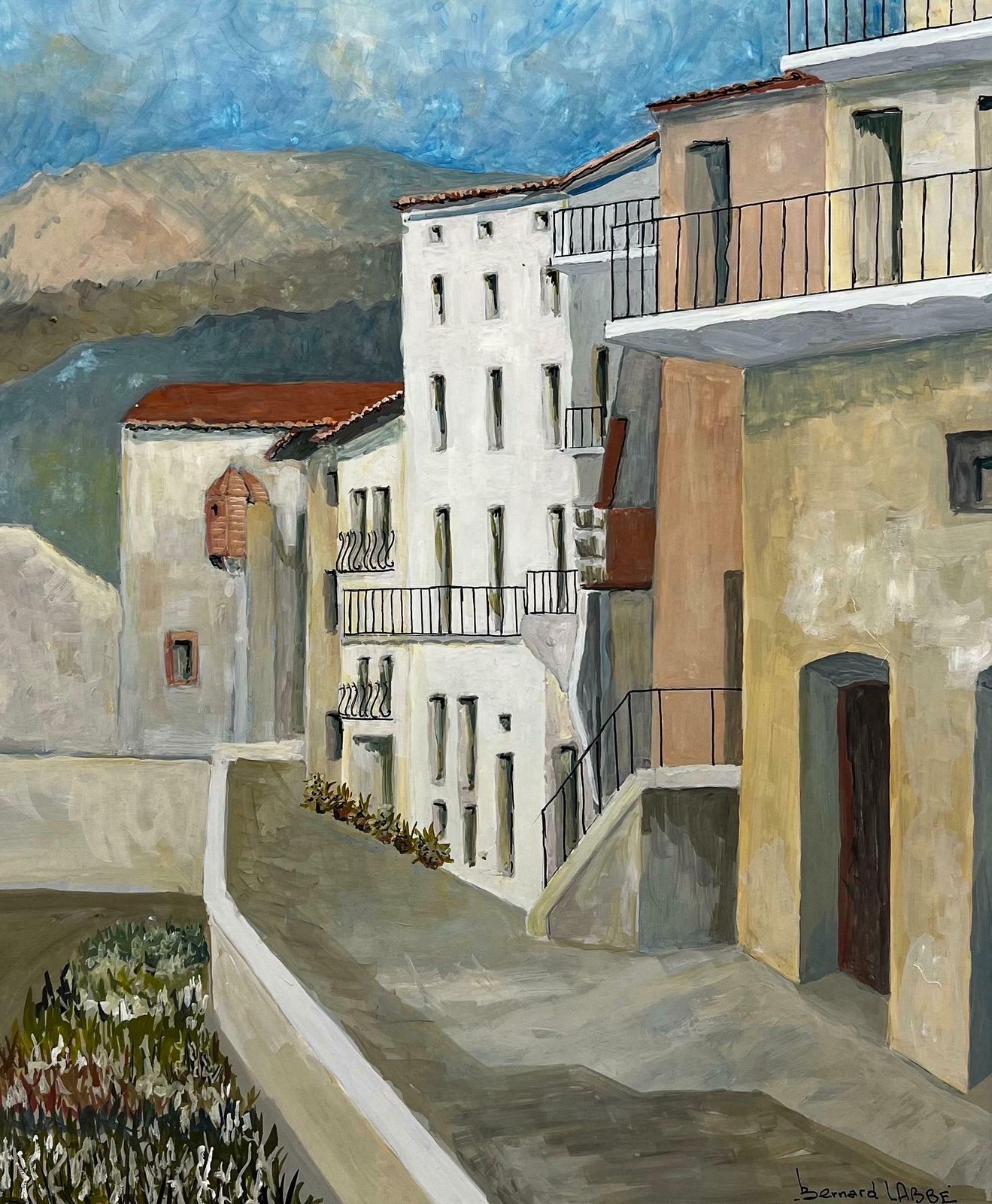 Bernard Labbe1950's Big Modernist/ Cubist Painting   Terraced French Apartments1950's
