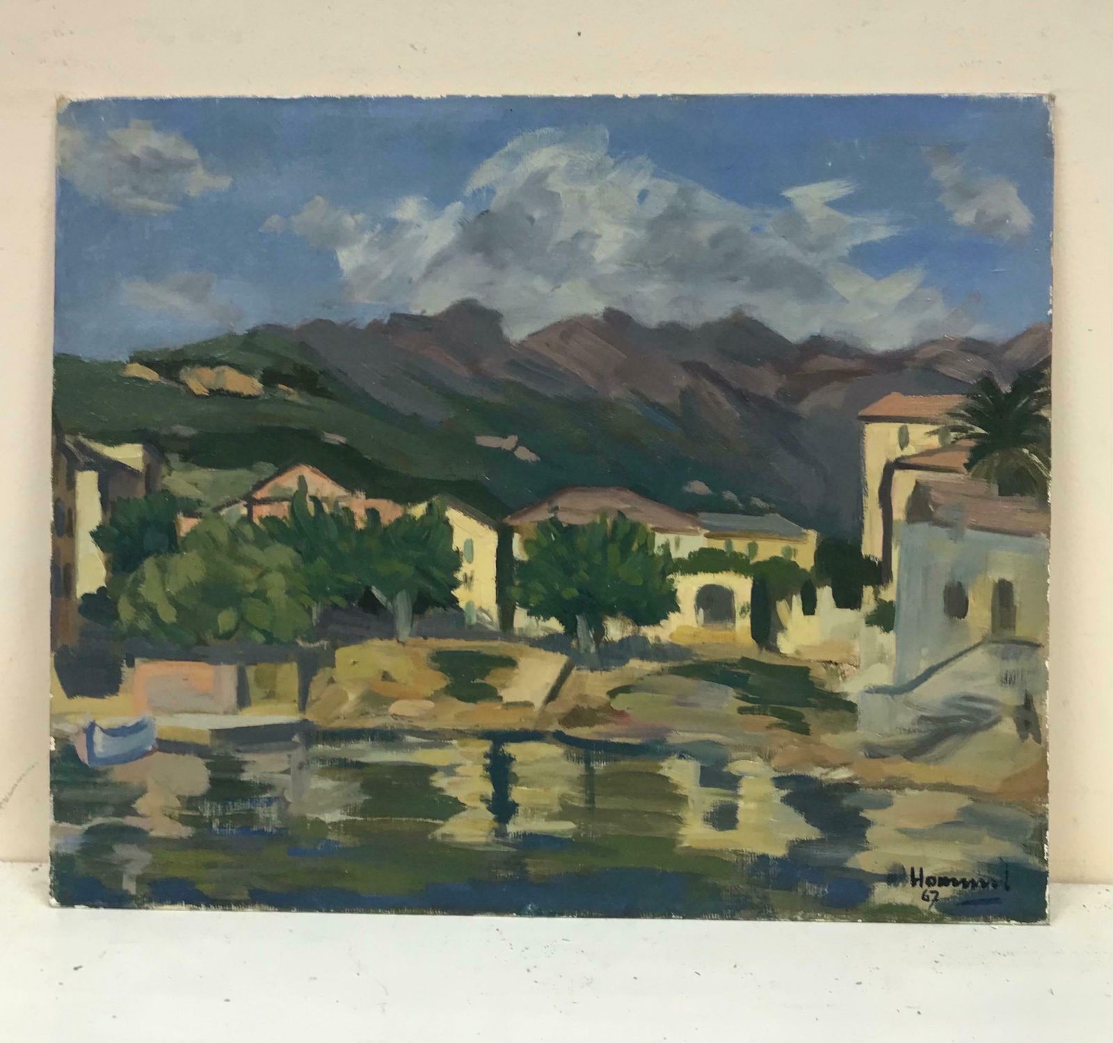 French School1960's French Post Impressionist Oil Painting South Of France Coastal Town Seac. 1967 photo furniture