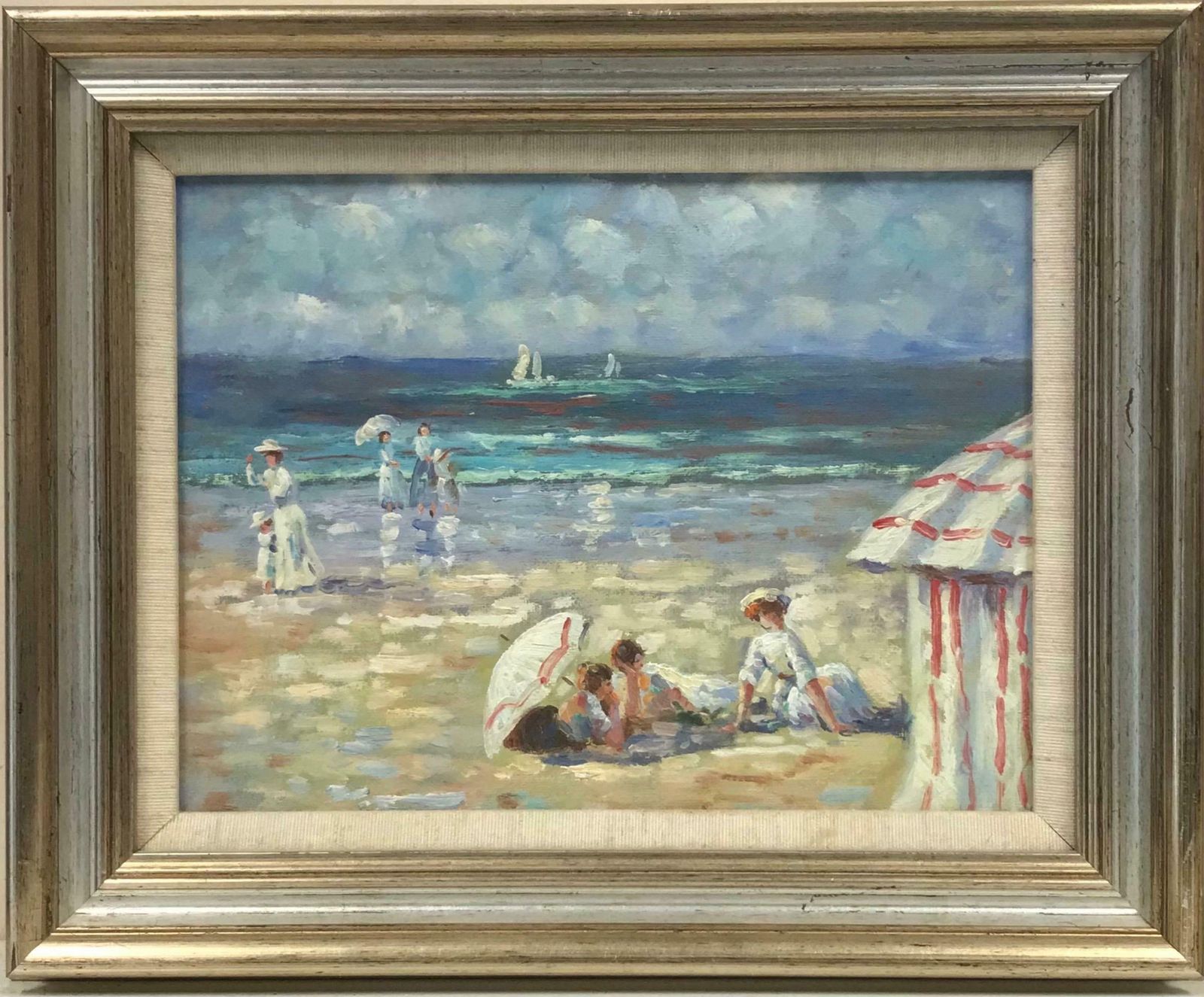 French Schoolfrench Impressionist Oil Elegant Figures On Beach Parasols & Tents
