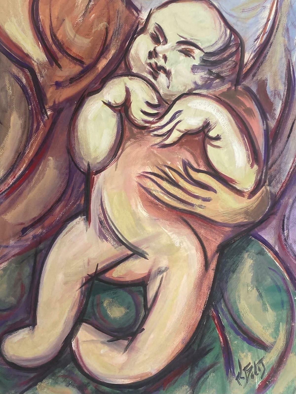 Paul Louis Bolot (French 1918 2003)20th Century French Modernist Gouache Painting Baby In Their Mothers Arms20th Century (1975)