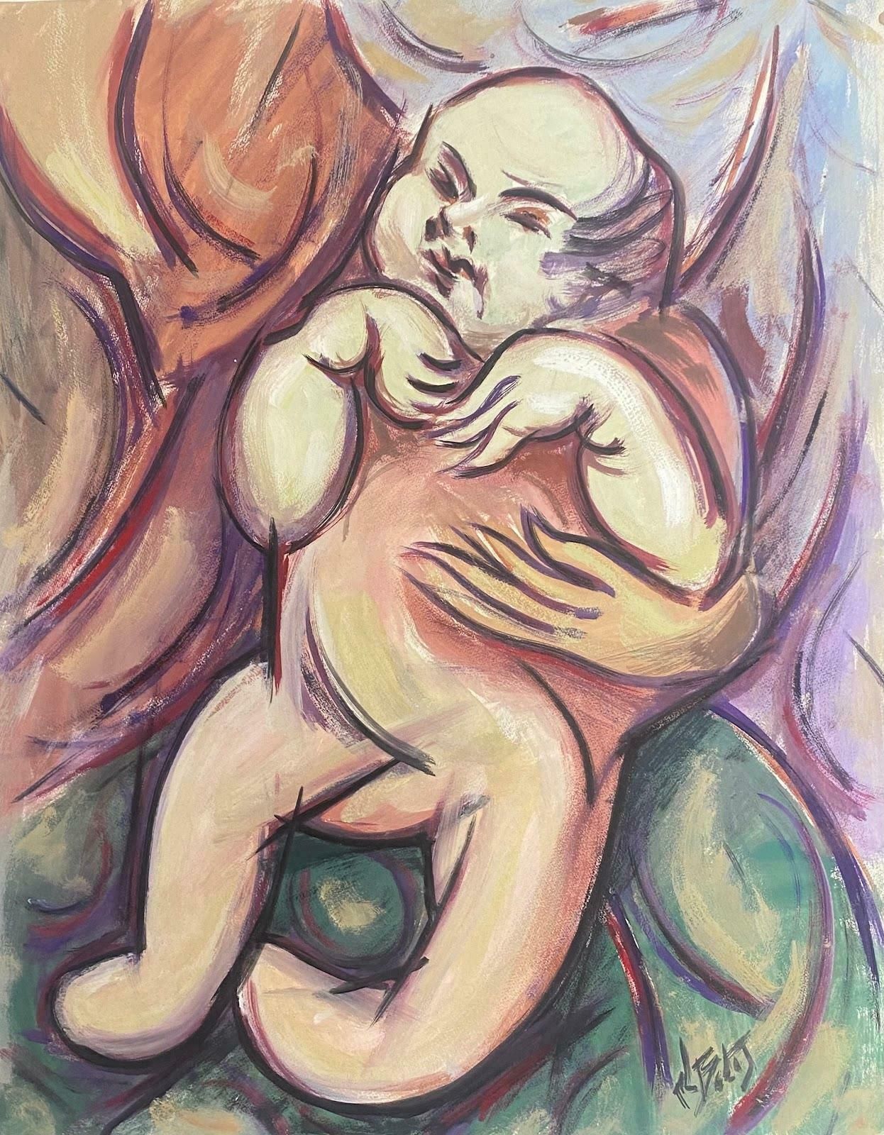 Paul Louis Bolot (French 1918 2003)20th Century French Modernist Gouache Painting Baby In Their Mothers Arms20th Century (1975) photo furniture