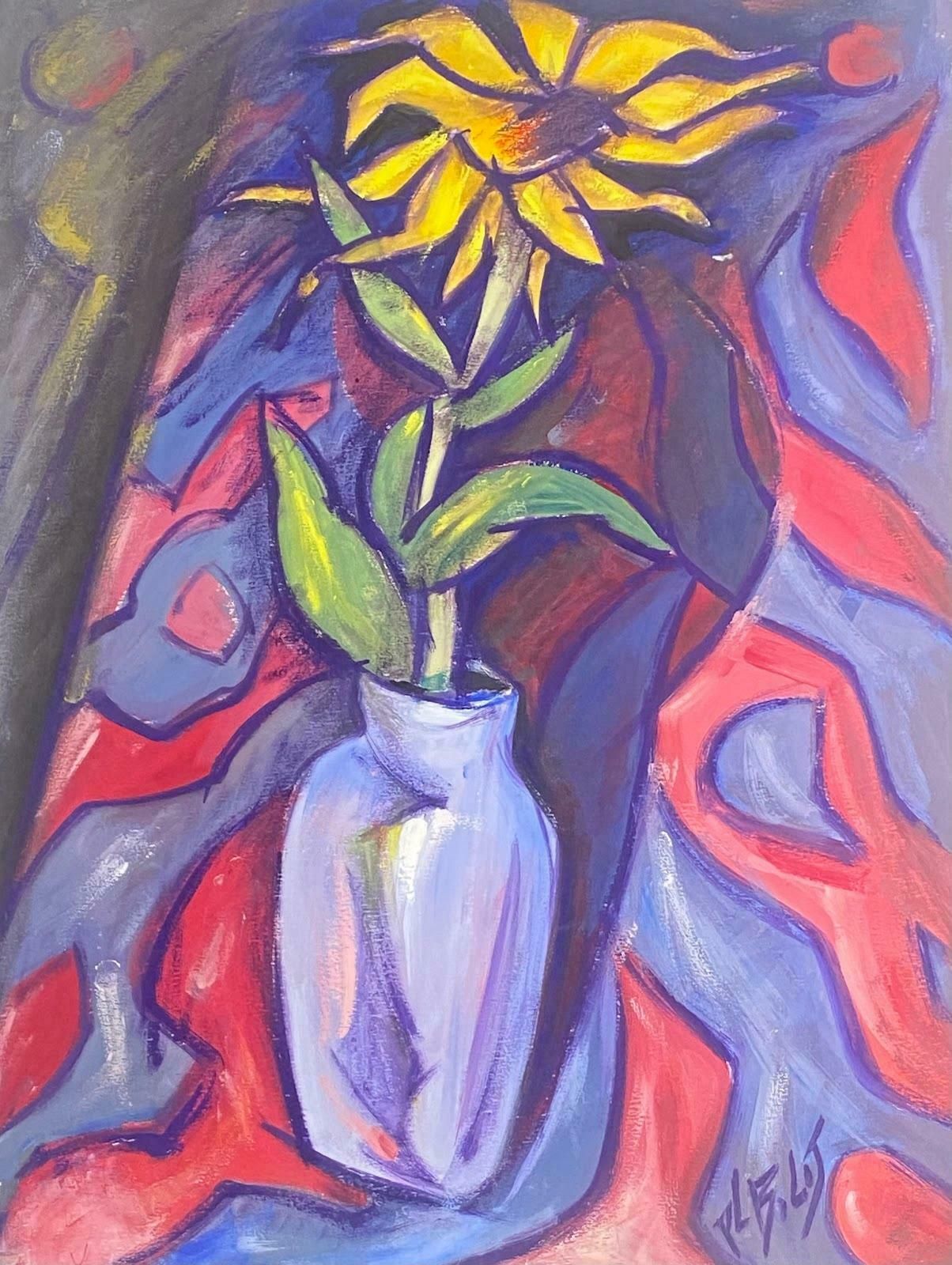 Paul Louis Bolot (French 1918 2003)french Painting Wacky Still Life With Yellow Sunflower In Purple Vase20th Century (1977)