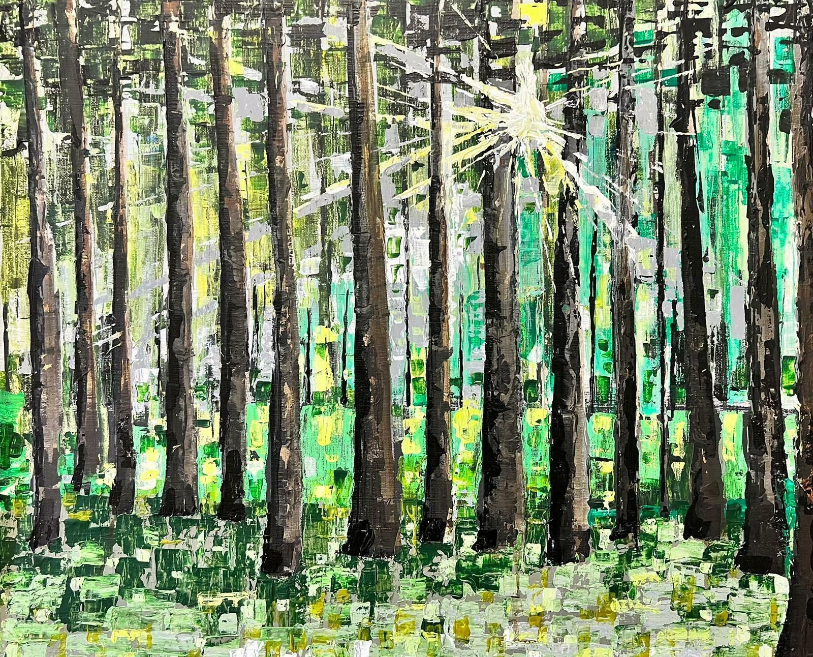 Contemporary British Modern British Contemporary Painting Sunlight Bursting Through Trees Woodland