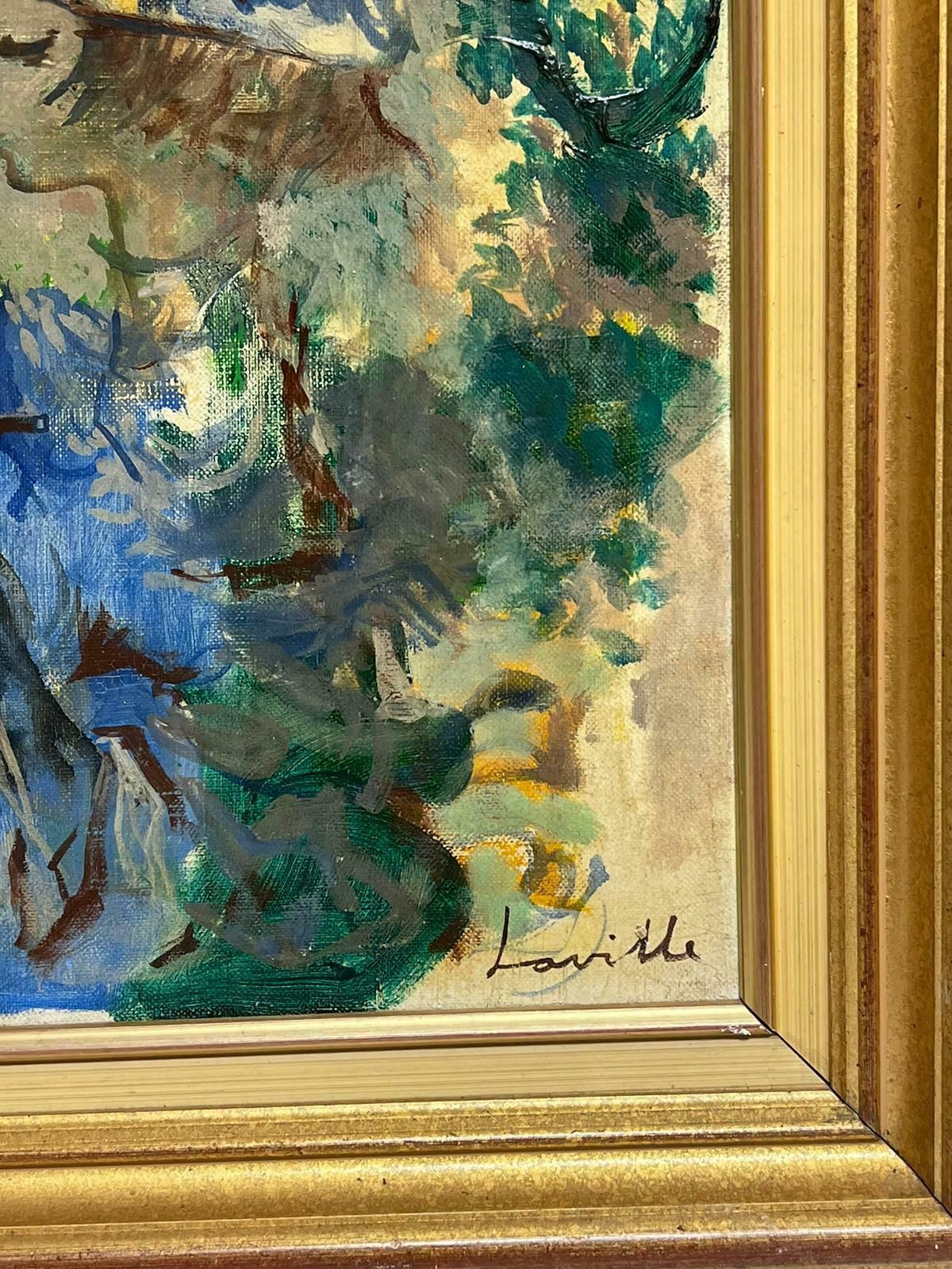 French School1960's French Signed Oil Portrait Of Young Lady In Blue Hat Modernist Style photo for sale
