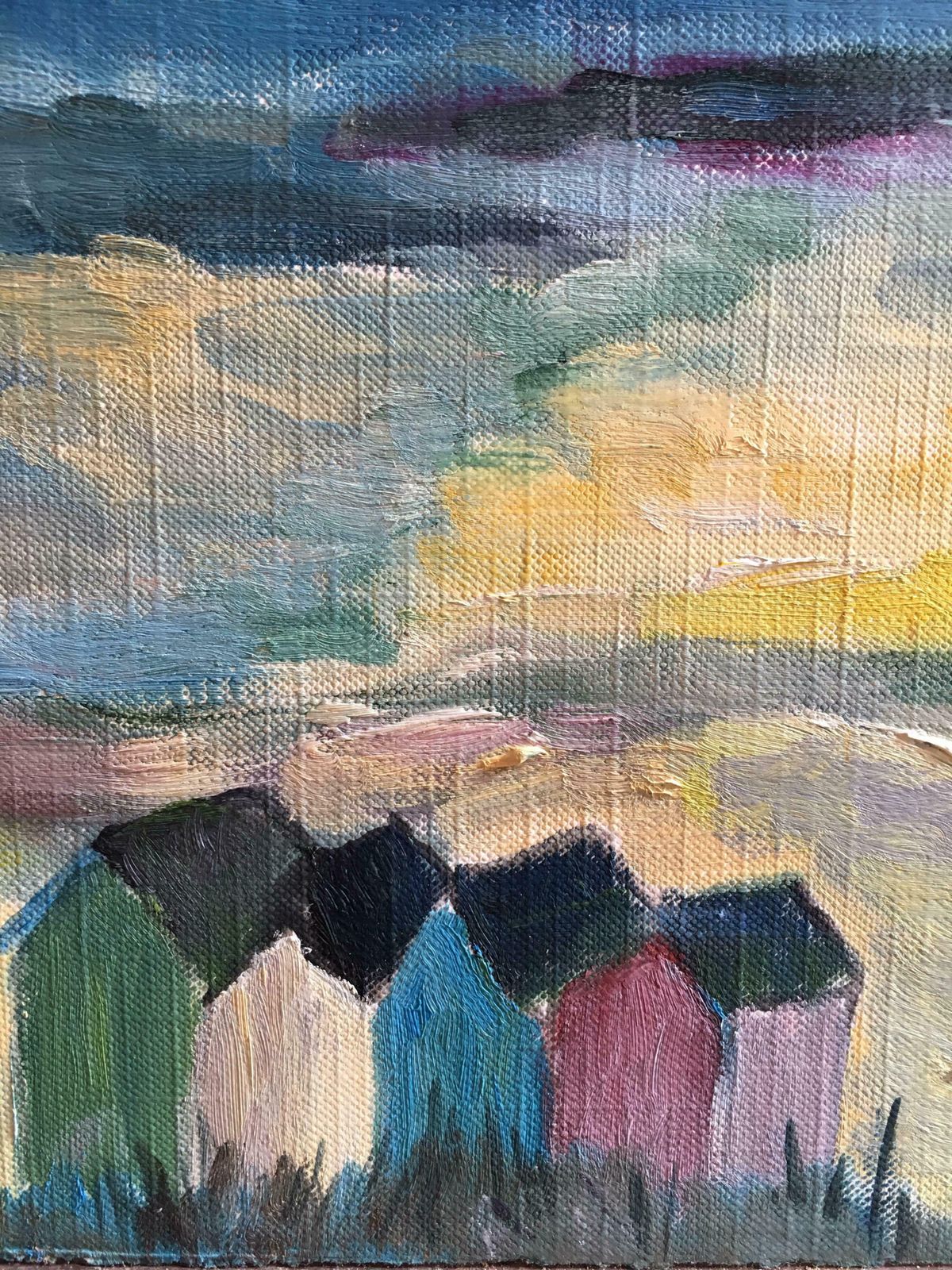 Unknownbeach Huts, Nautical Landscape, French Impressionist Original Oil Paintingc.1950s photo for sale