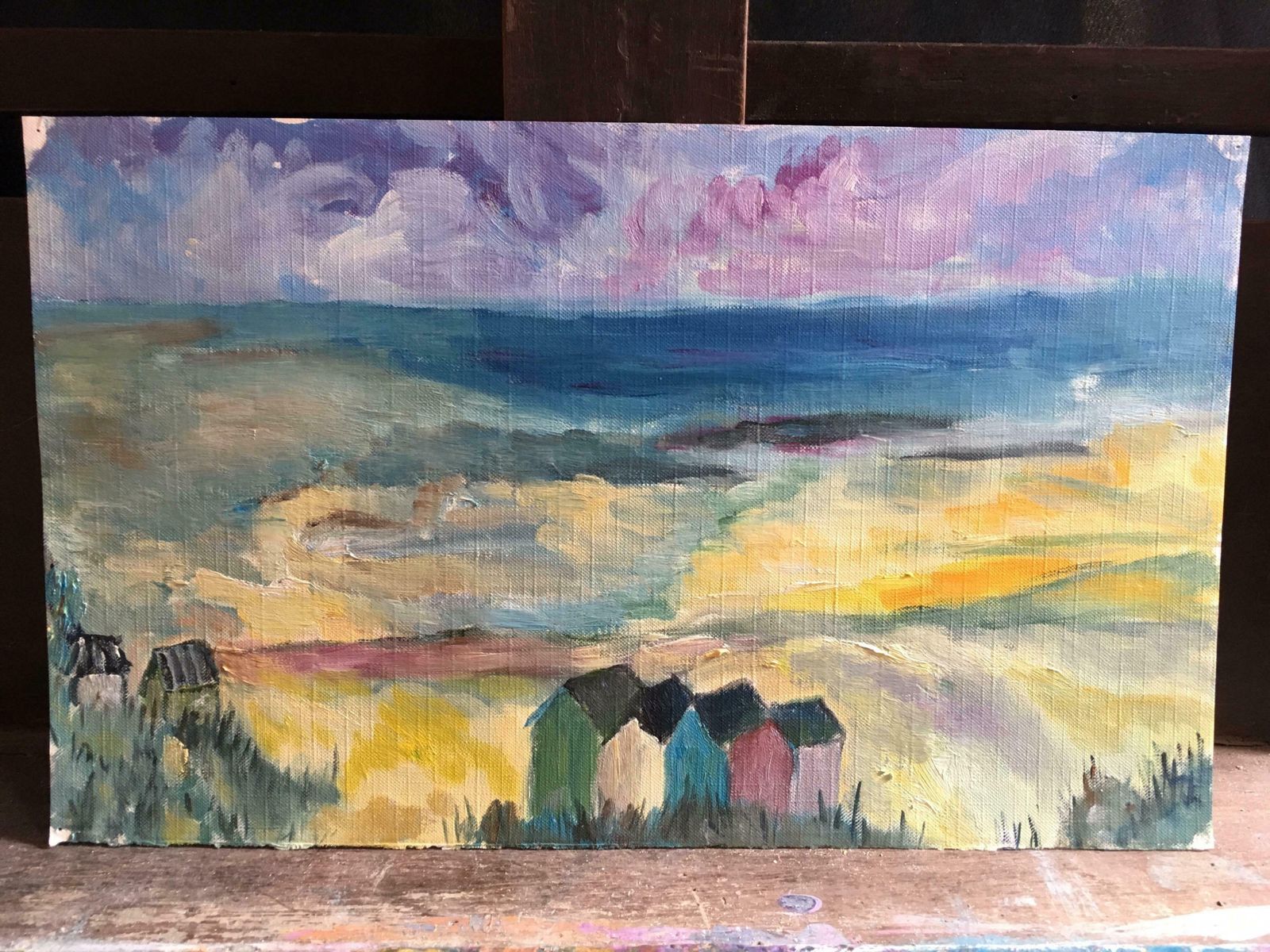 Unknownbeach Huts, Nautical Landscape, French Impressionist Original Oil Paintingc.1950s photo vinterior