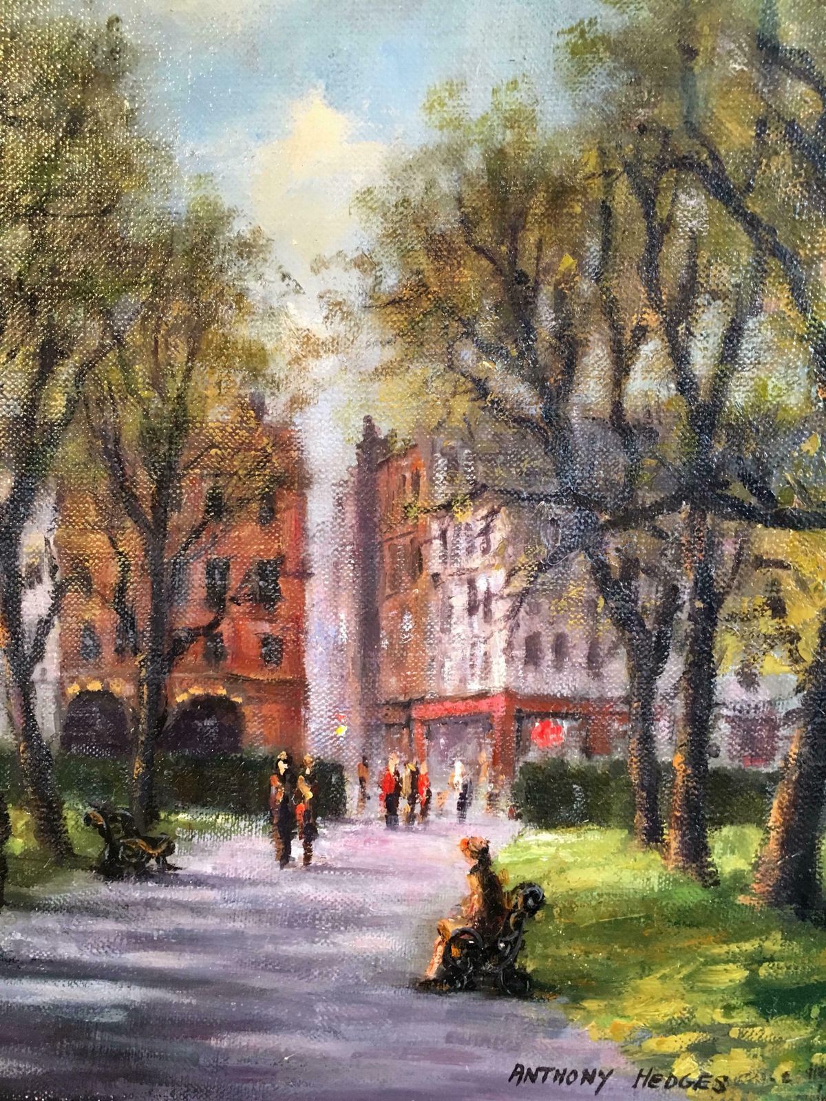 Anthony Hedgespark Walk, Impressionist City Scene, Signed Oil Paintingc.1950 photo vinterior