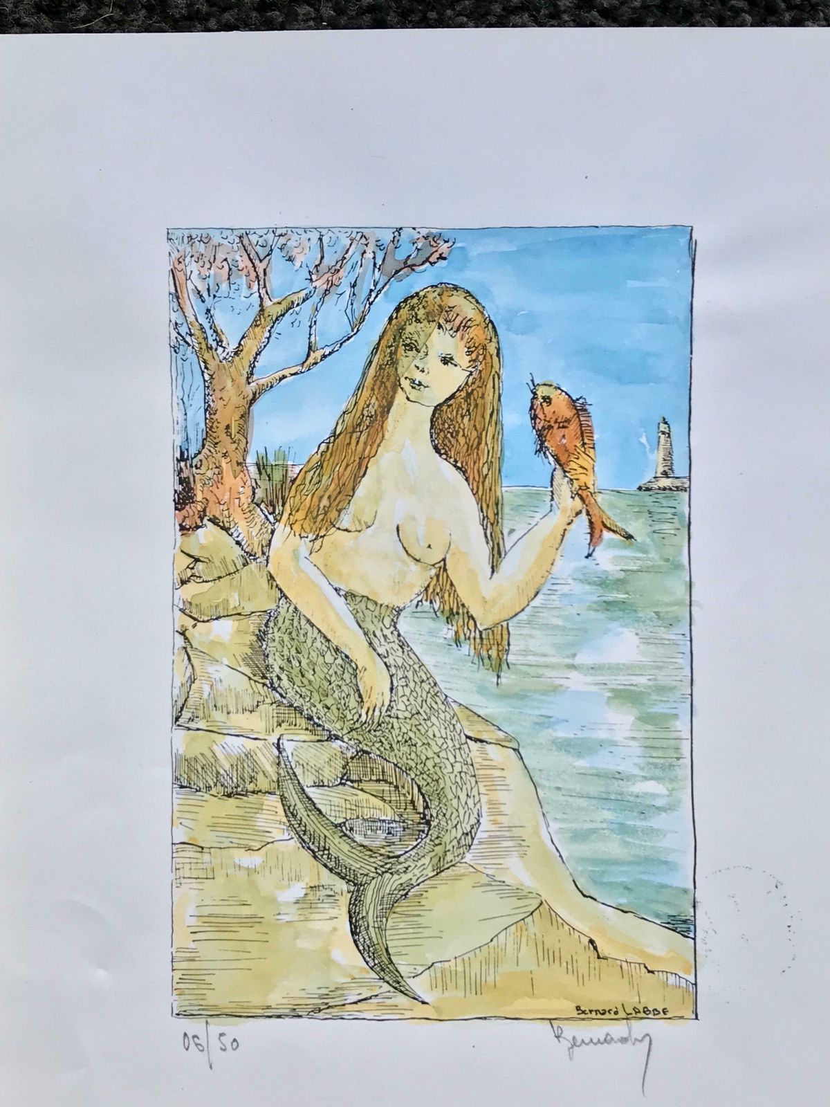 Bernard Labbe1950's Modernist/ Cubist Painting   Mermaid Figure On The Rocks1950's photo for sale