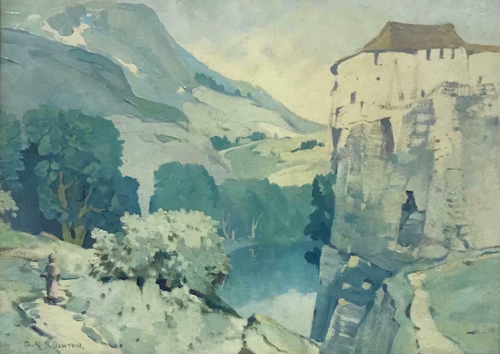 George Robert Rushton Rba Roiantique British Impressionist Signed Oil Painting, Figure Walking Continental Ls