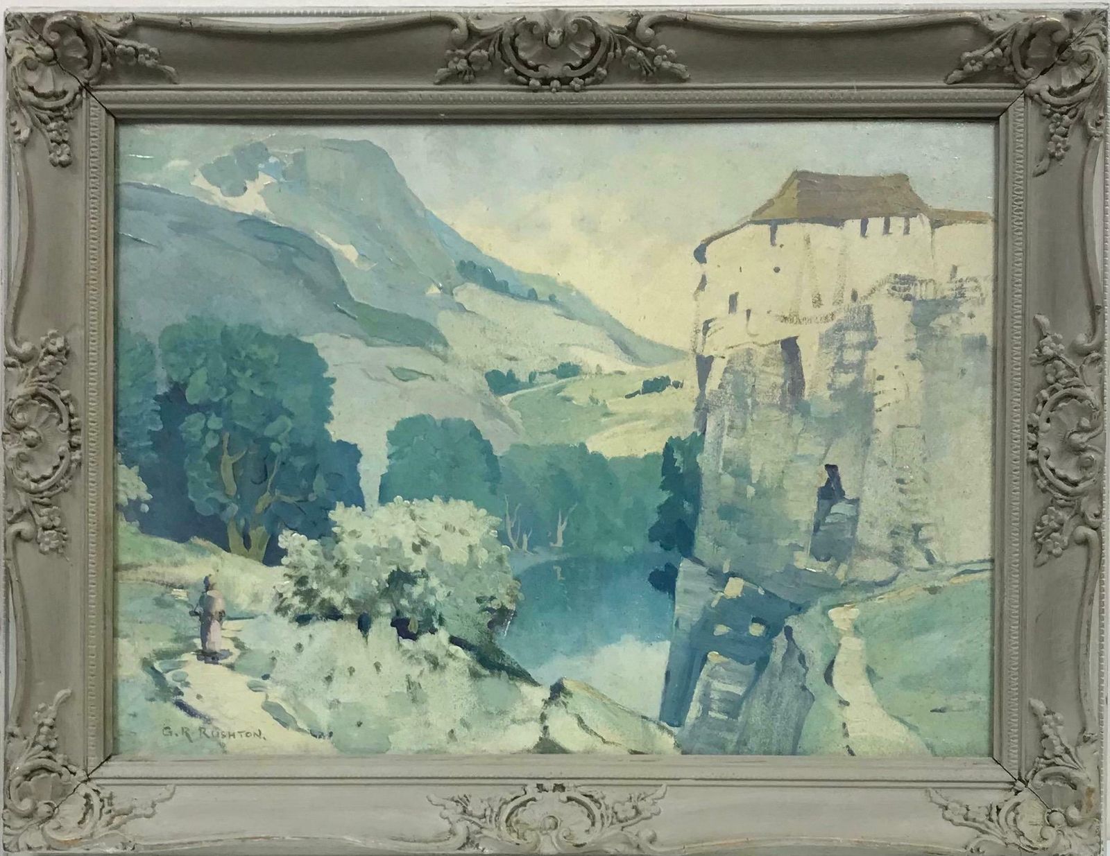 George Robert Rushton Rba Roiantique British Impressionist Signed Oil Painting, Figure Walking Continental Ls photo furniture