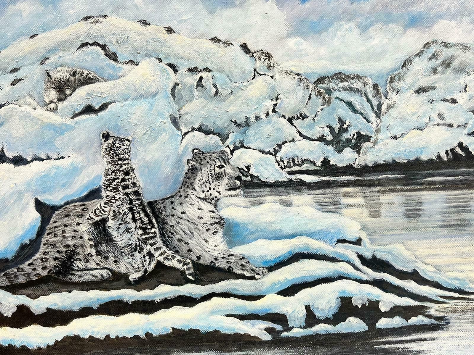 Ben Powellcontemporary British Acrylic Painting Snow Leopards In Arctic Landscape photo furniture