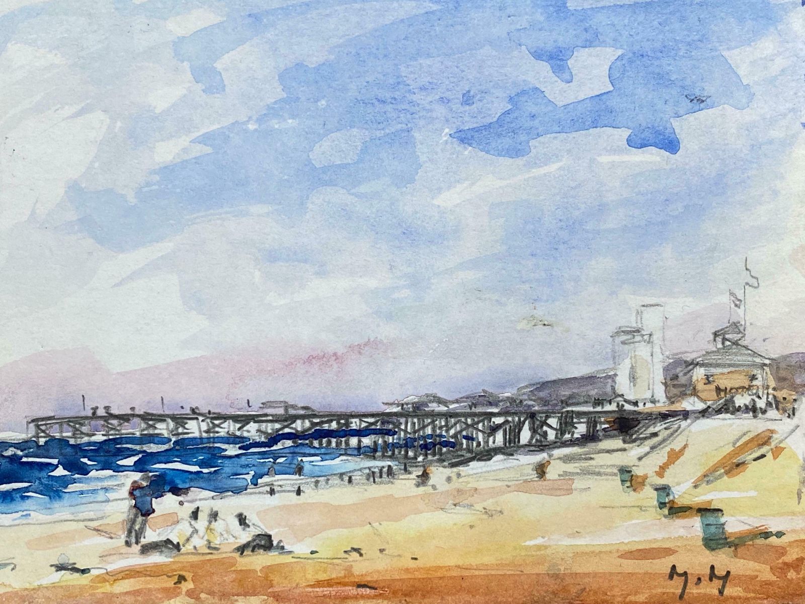 Maurice Mazeilieimpressionist Signed Watercolour   French Warm Day At The Pier