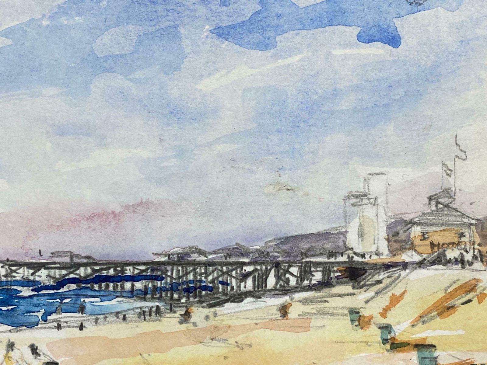 Maurice Mazeilieimpressionist Signed Watercolour   French Warm Day At The Pier photo furniture