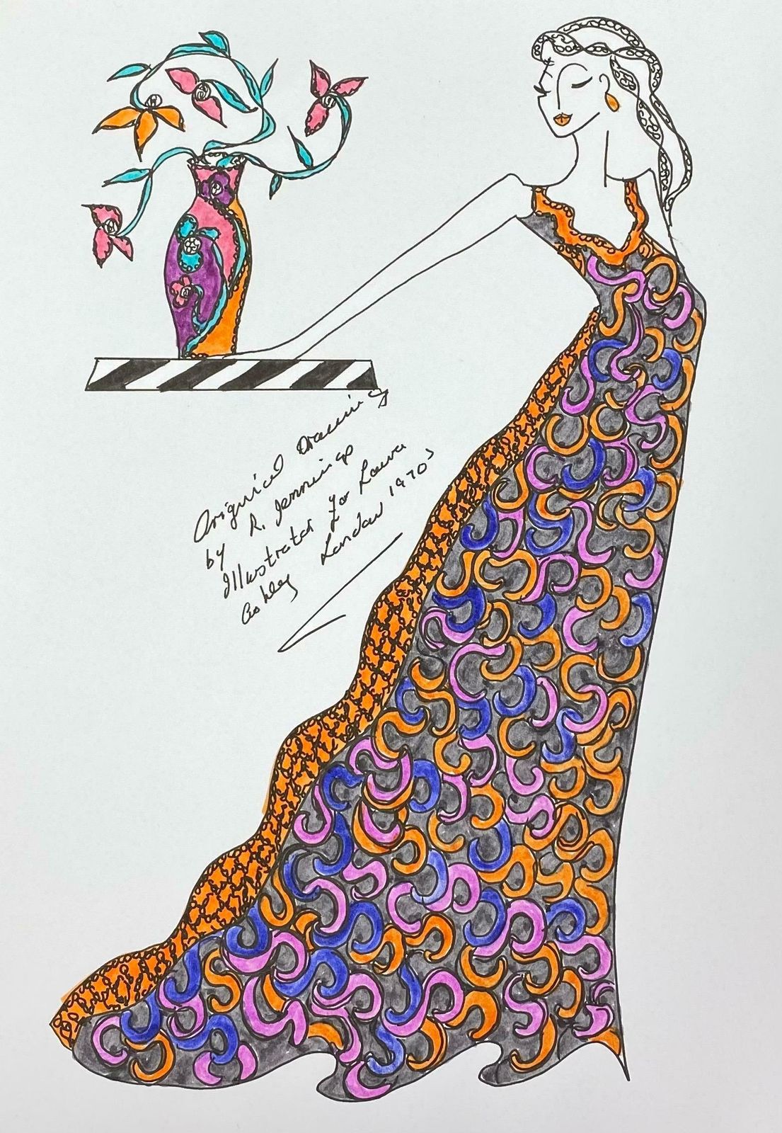 Roz Jenningsoriginal Fashion Design Illustration Watercolor Painting Laura Ashley Designerc. 2000's
