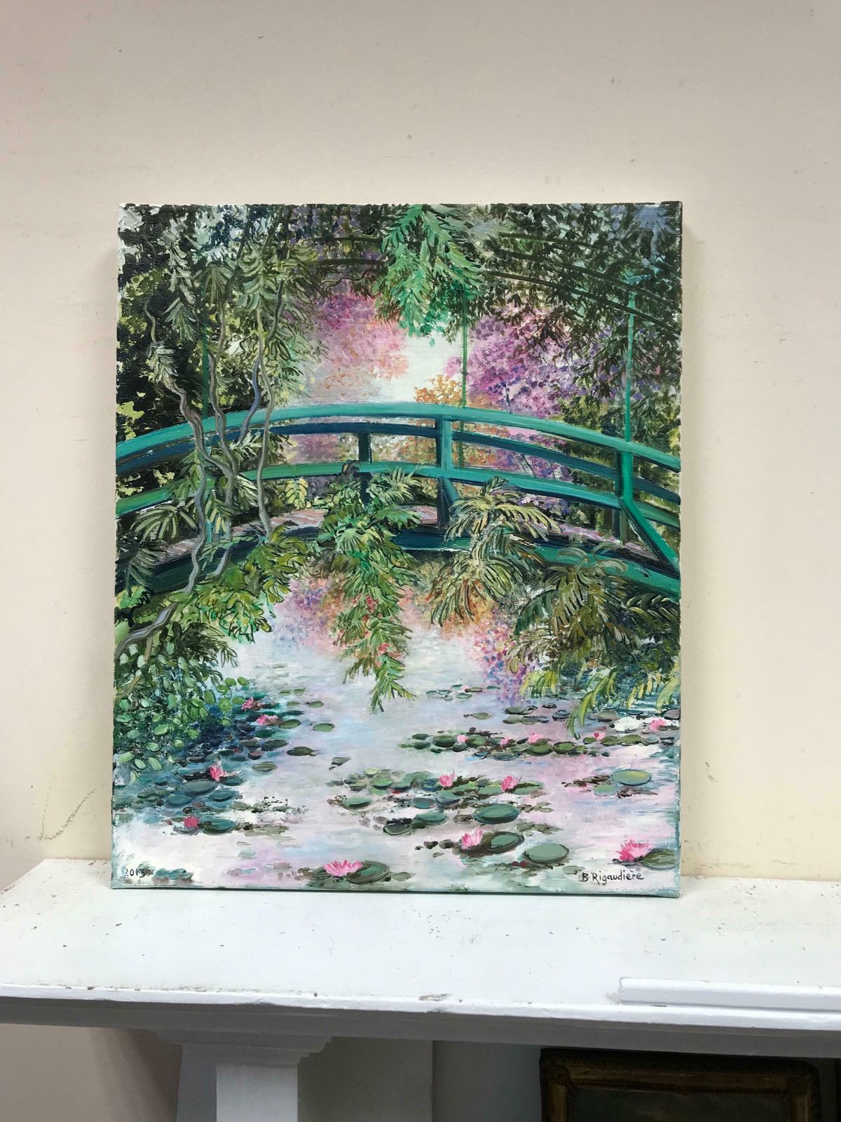 B. Rigaudierejapanese Bridge Monet's Waterlily Pond Giverny, Signed French Impressionist Oil photo furniture