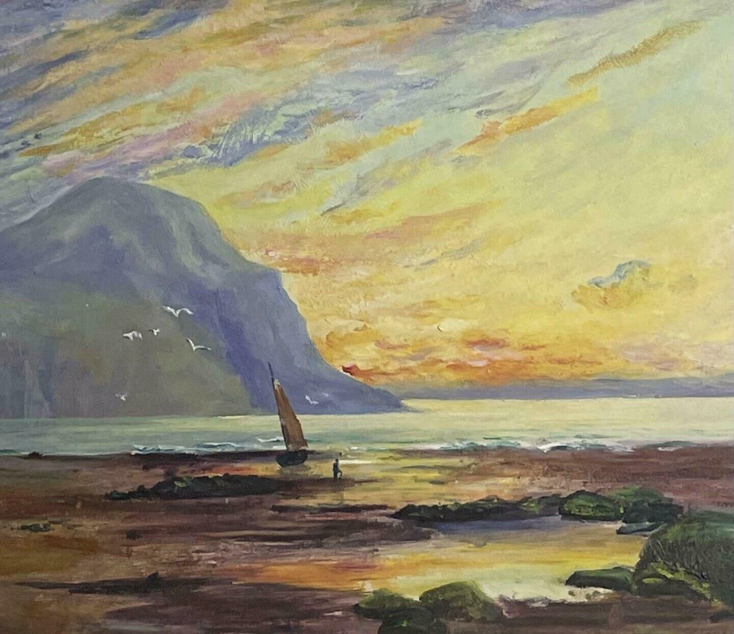 English Antiqueantique English Marine Oil Painting, Dated 1906, Sunset Rocky Coastline photo for sale