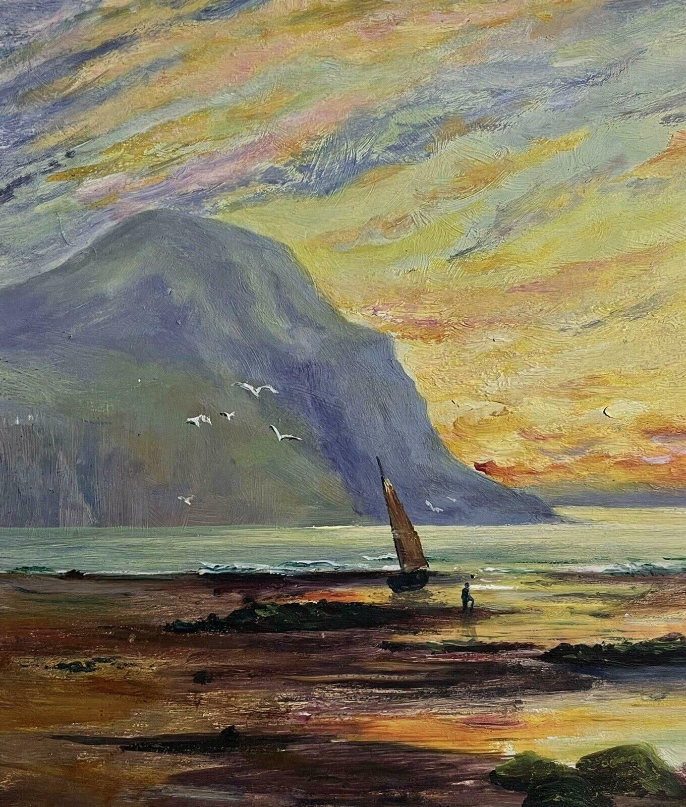 English Antiqueantique English Marine Oil Painting, Dated 1906, Sunset Rocky Coastline photo Art